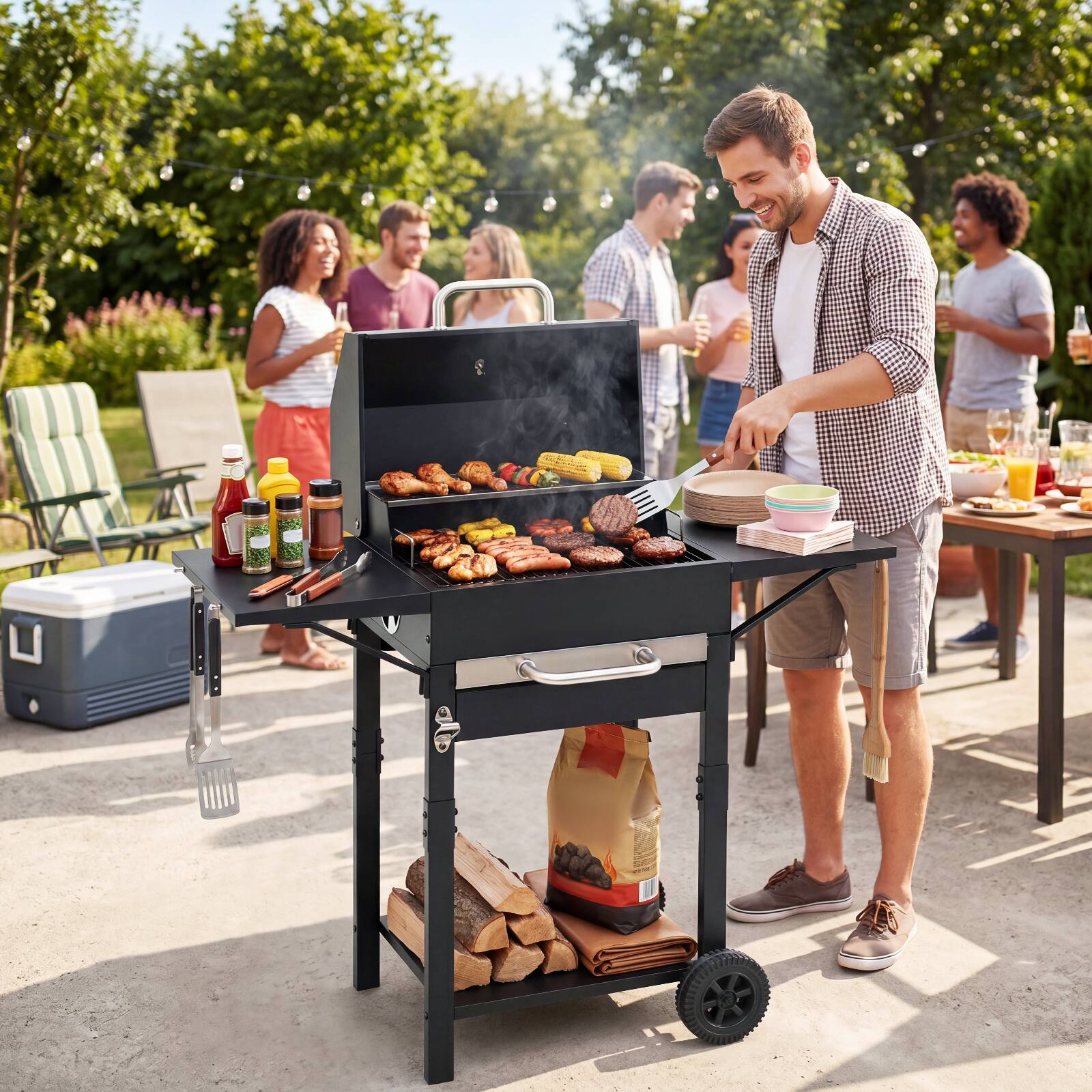 Alt View 1. Gymax - Gymax Charcoal Grill w/2 Side Tables 284 sq.in.Outdoor Smoker BBQ Grill w/Thermometer - Black.