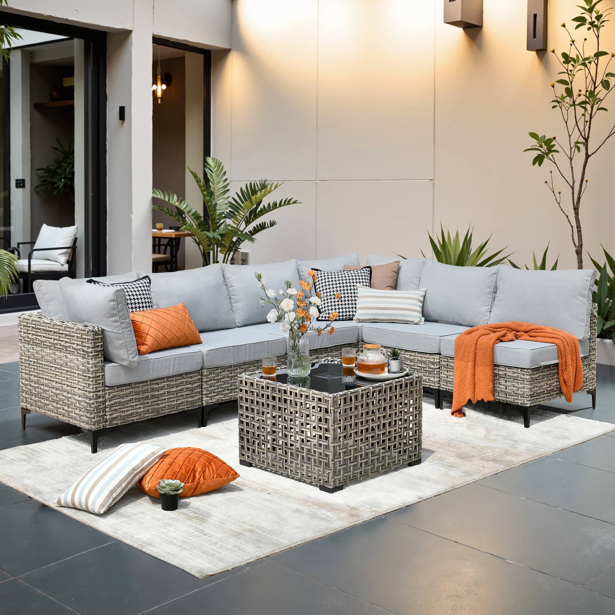 Ovios - 7 PCS Outdoor Patio Furniture Rattan Sectional Sofa with Coffee Table for Backyard - Gray