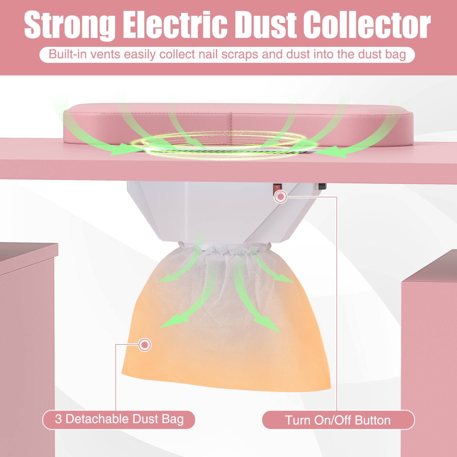 Strong Electric Dust Collector  
Built-in vents easily collect nail scraps and dust into the dust bag  

3 Detachable Dust Bag  

Turn On/Off Button
