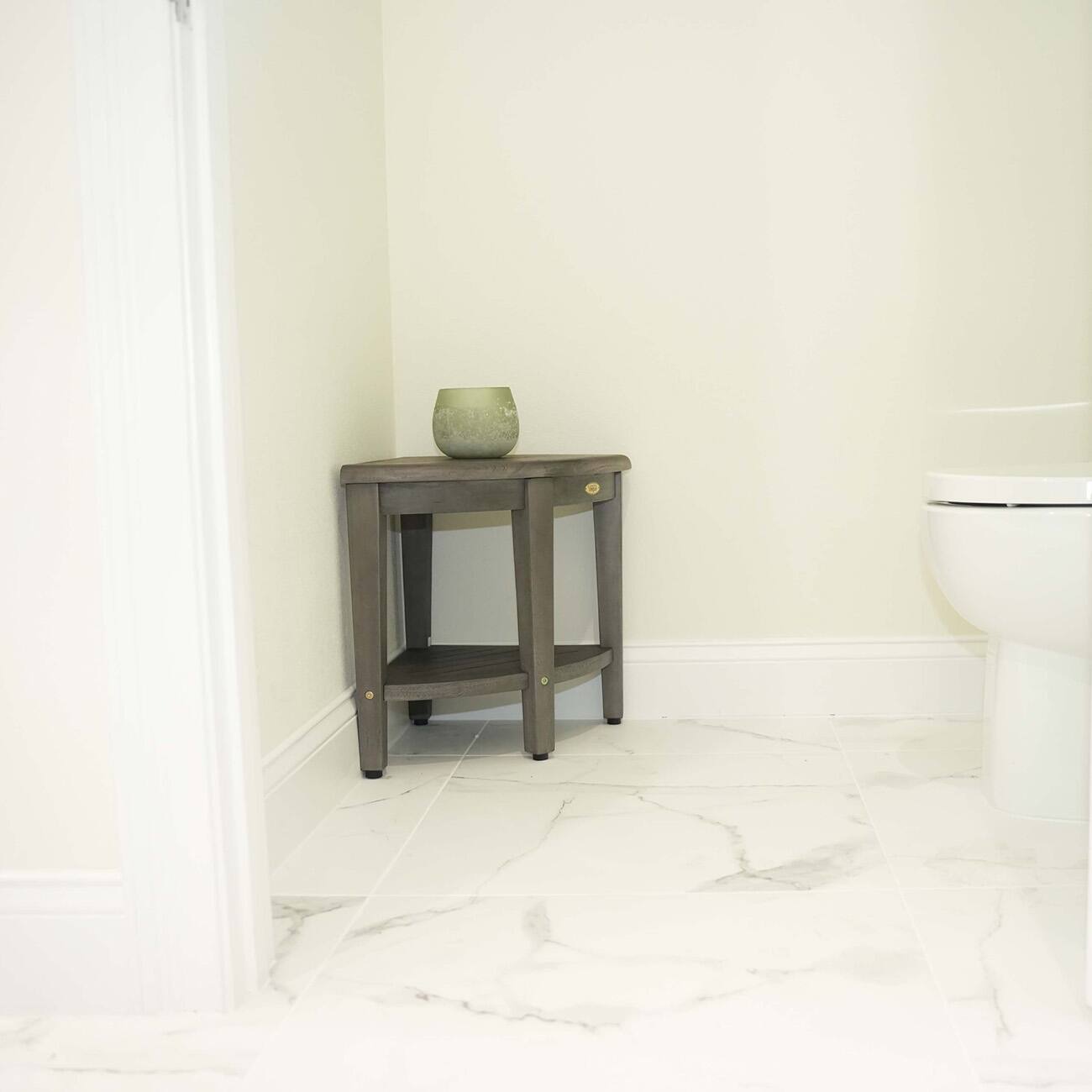 Alt View 1. CoastalVogue - CoastalVogue SnazzyCorner Antique Gray 18"H Corner Shower Bench With Shelf - Antique Gray.