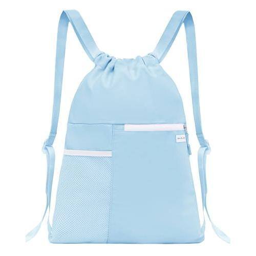 Stamp n Camp - Drawstring Backpack With Mesh Pocket Water Resistant String Beach Swim Sports Gym For Women Men (pink) - Light Blue