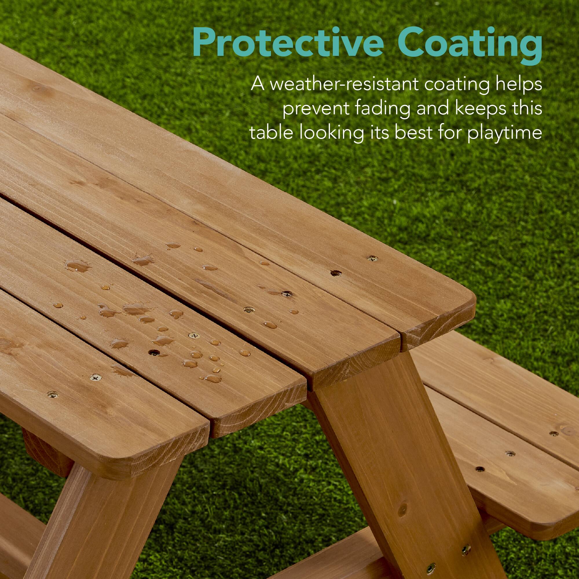 Protective Coating

A weather-resistant coating helps prevent fading and keeps this table looking its best for playtime.