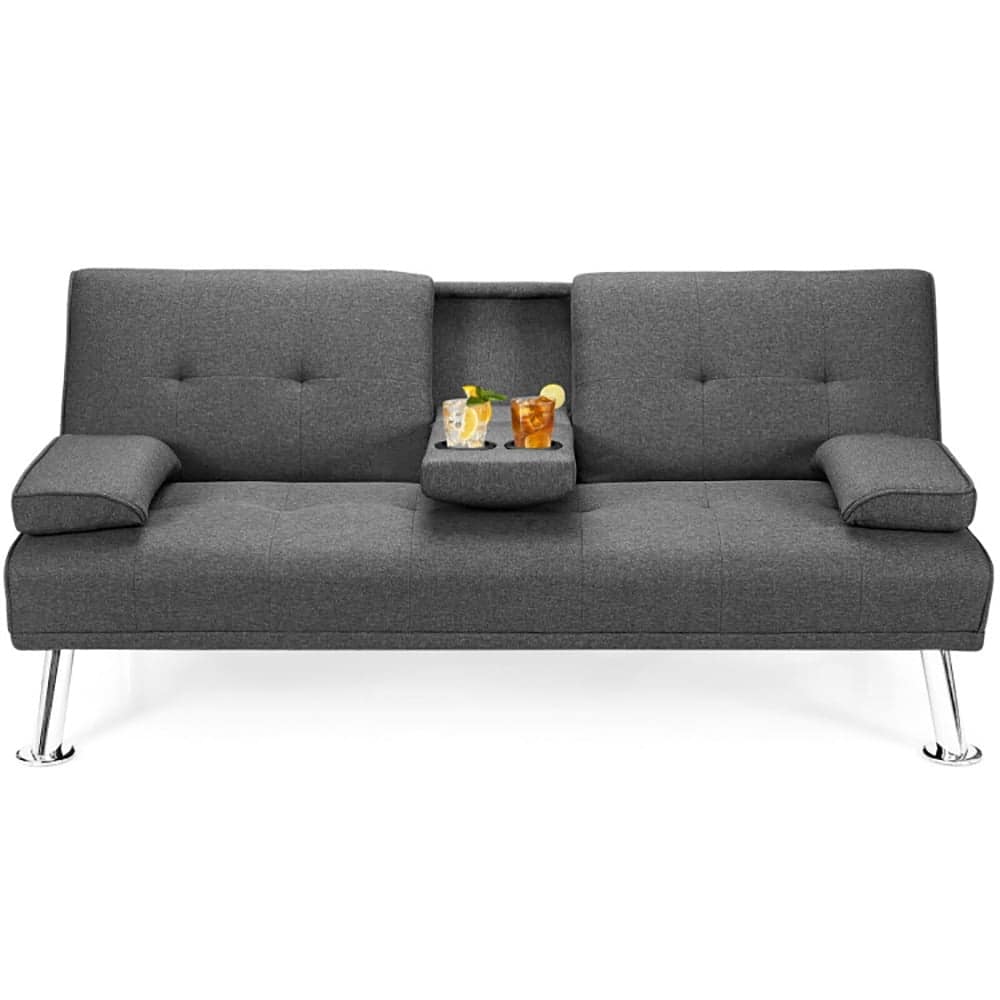 Resenkos - Loveseat Sofa, Modern Couch, Convertible Folding Futon Sofa Bed Fabric with 2 Cup Holders-Dark Gray - Gray