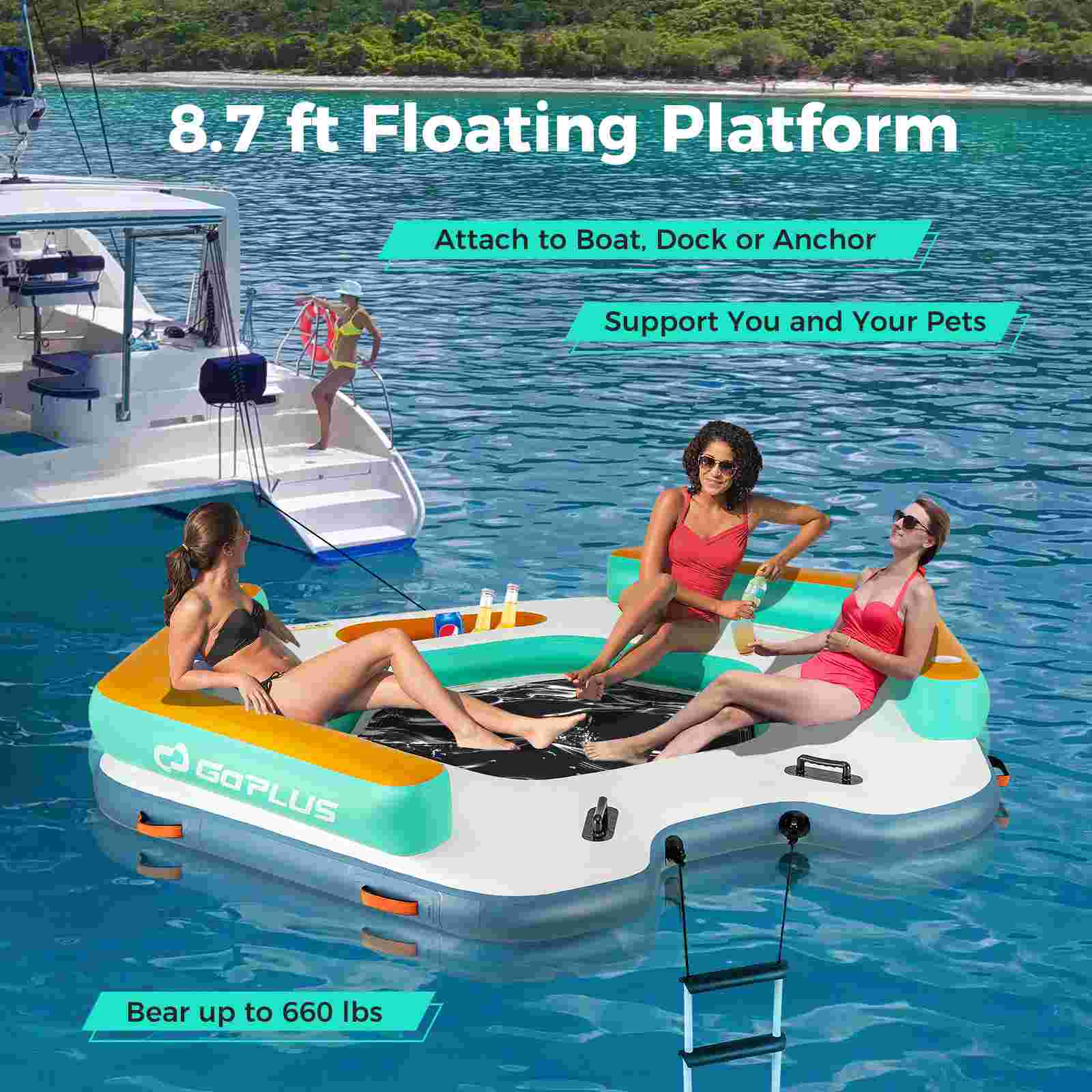 8.7 ft Floating Platform, Attach to Boat, Dock or Anchor, Support You and Your Pets, GOPLUS, Bear up to 660 lbs