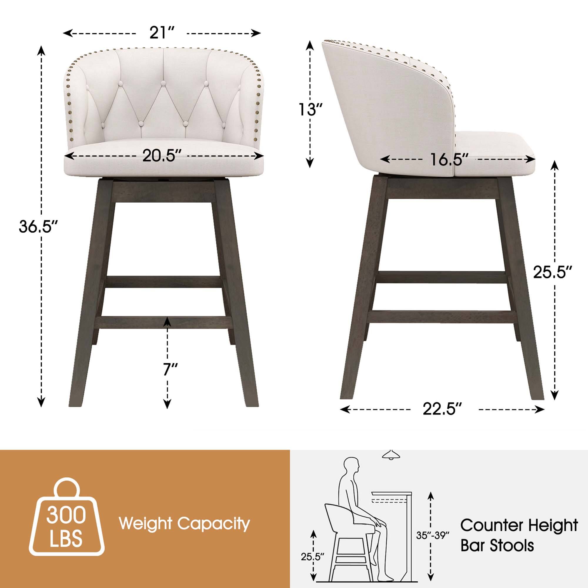 The image shows two bar stools with a 300 lb weight capacity. The stools have a counter height of 25.5" and are 21" tall. The stools are designed to be 35"-39" in height.