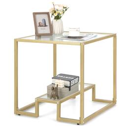Ecooso - 22 Inch 2-Tier Square End Table with Tempered Glass Top and Metal Frame - Golden