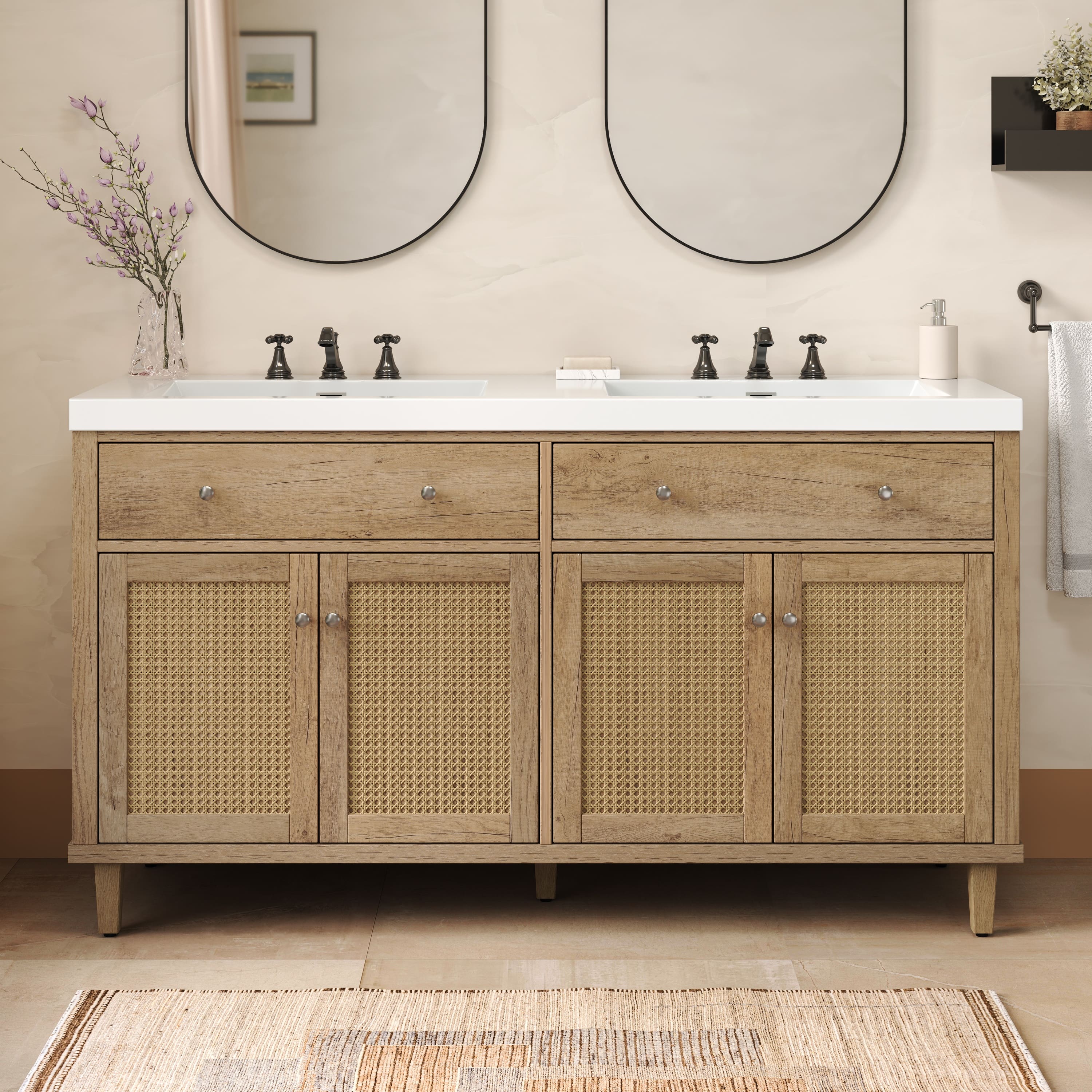 Loheer - 60" Double Sink Bathroom Vanity — Freestanding Cabinet with SMC Basins, Soft-Close Doors and Large Storage - Wood