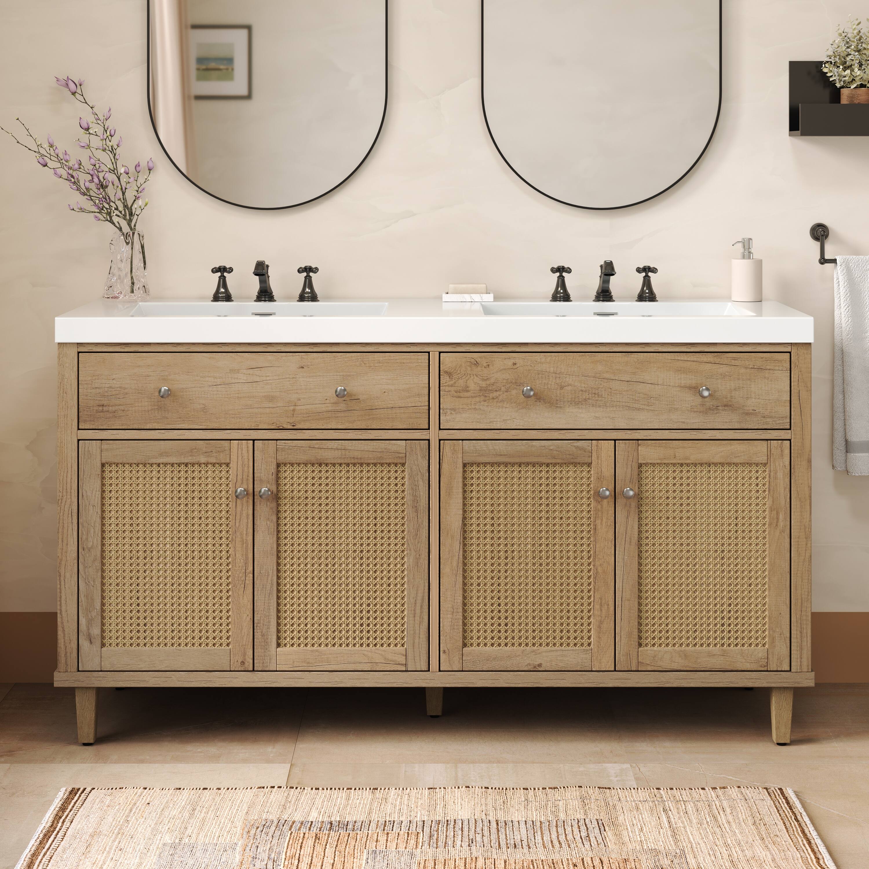 Front. Loheer - 60" Double Sink Bathroom Vanity — Freestanding Wood Cabinet with SMC Basins, Soft-Close Doors and Large Storage - Wood.