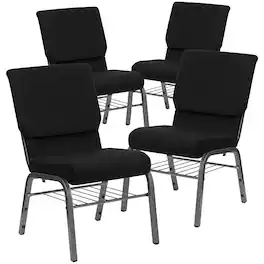 Emma + Oliver - 4 Pack 18.5''W Church Chair with Book Rack - Black Fabric/Silver Vein Frame