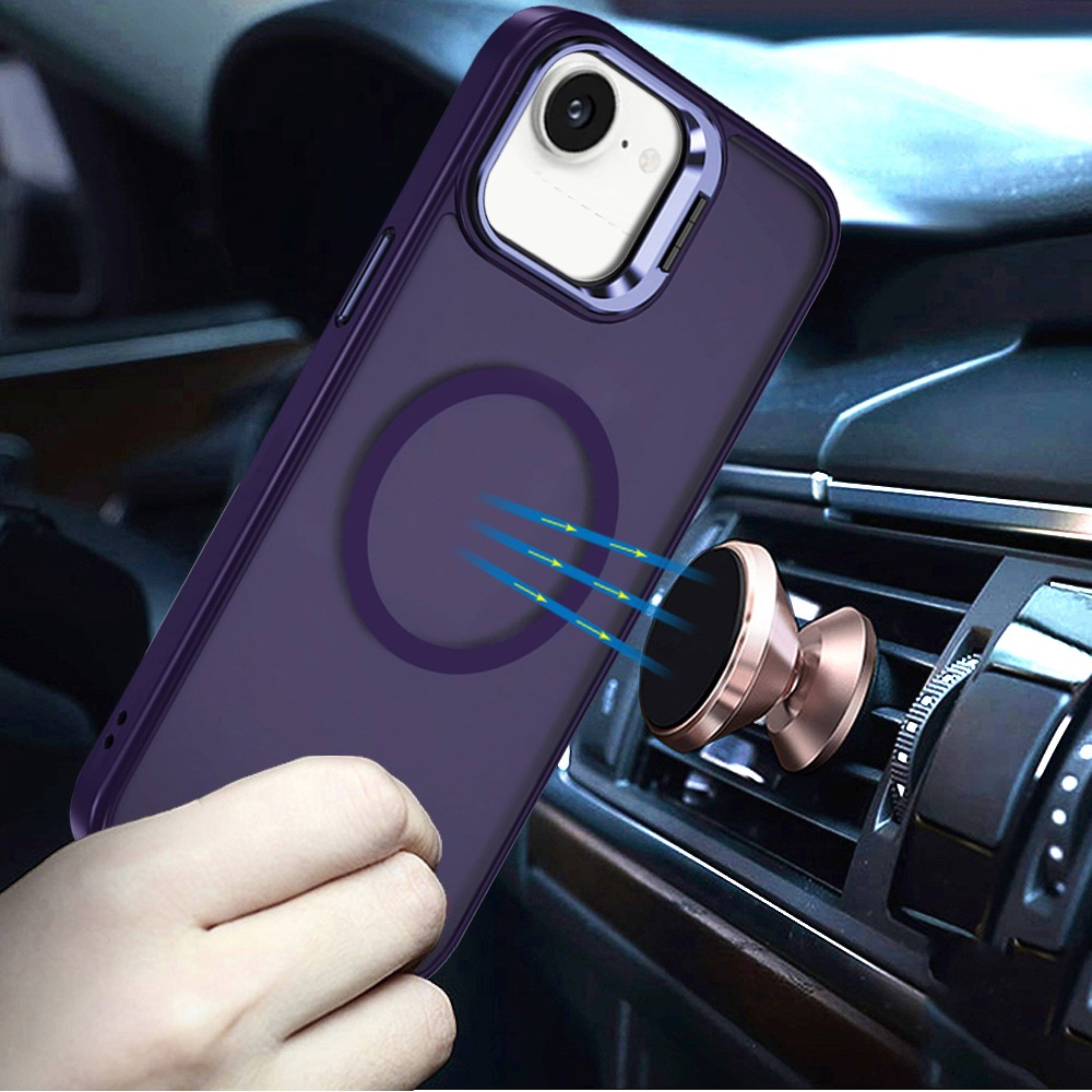 Left. Kitcheniva - Metallic Magnetic Circle Lens Stand Phone Case With Tempered Glass For iPhone 16e/17e Dark Purple - Dark Purple.