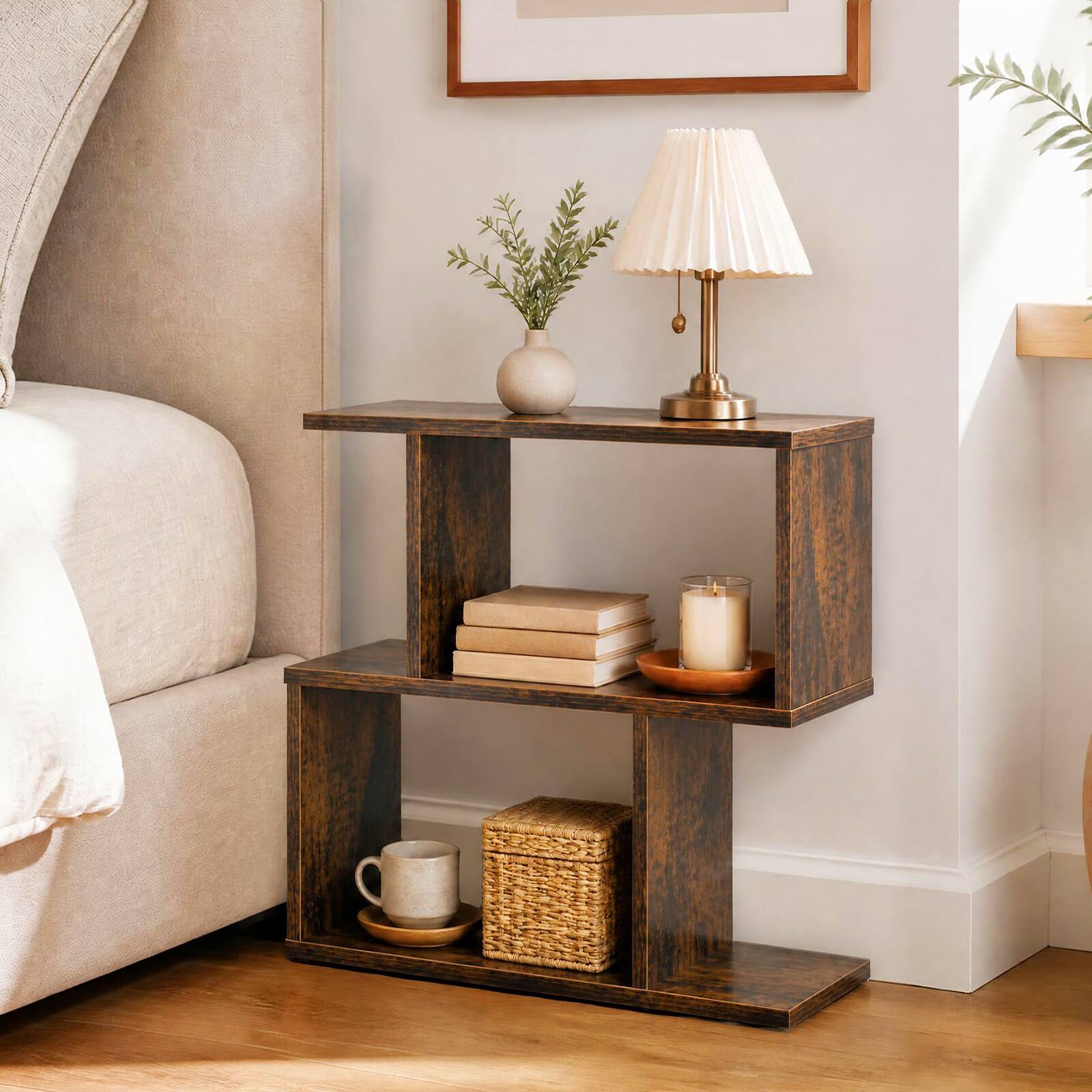 Alt View 3. Costway - Costway 2 PCS 2-Tier Bookshelf Free Standing Wooden Display S-Shaped Shelf Storage Rack - Brown.