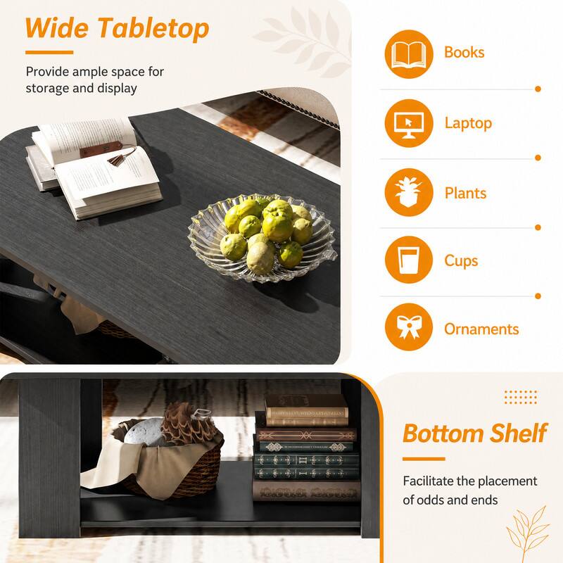 Wide Tabletop  
Provide ample space for storage and display

- Books
- Laptop
- Plants
- Cups
- Ornaments

Bottom Shelf  
Facilitate the placement of odds and ends