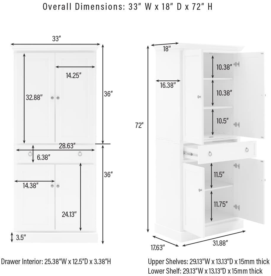 Overall Dimensions: 33" W x 18" D x 72" H

Drawer Interior: 25.38" W x 12.5" D x 3.38" H

Upper Shelves: 29.13" W x 13.13" D x 15mm thick

Lower Shelf: 29.13" W x 13.13" D x 15mm thick