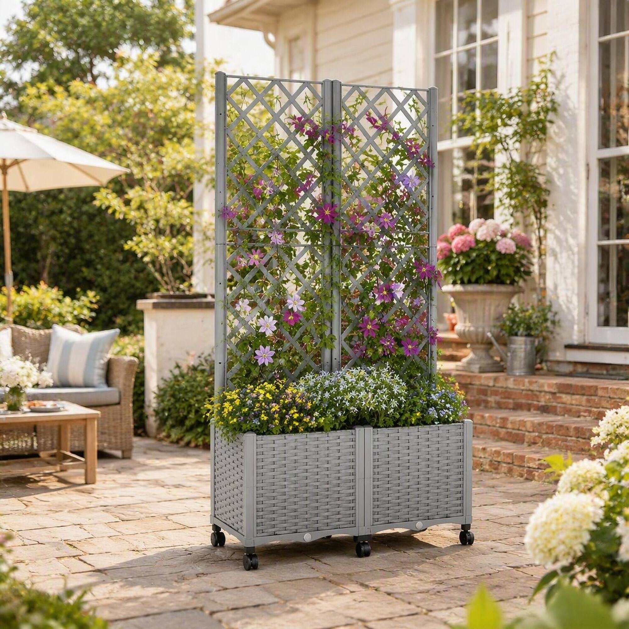 Left. RYHNUYNE - Gray Mobile Raised Garden Bed with Trellis, Self-Watering Planter Box on Wheels with Brakes for Patio and Balcony - Gray.