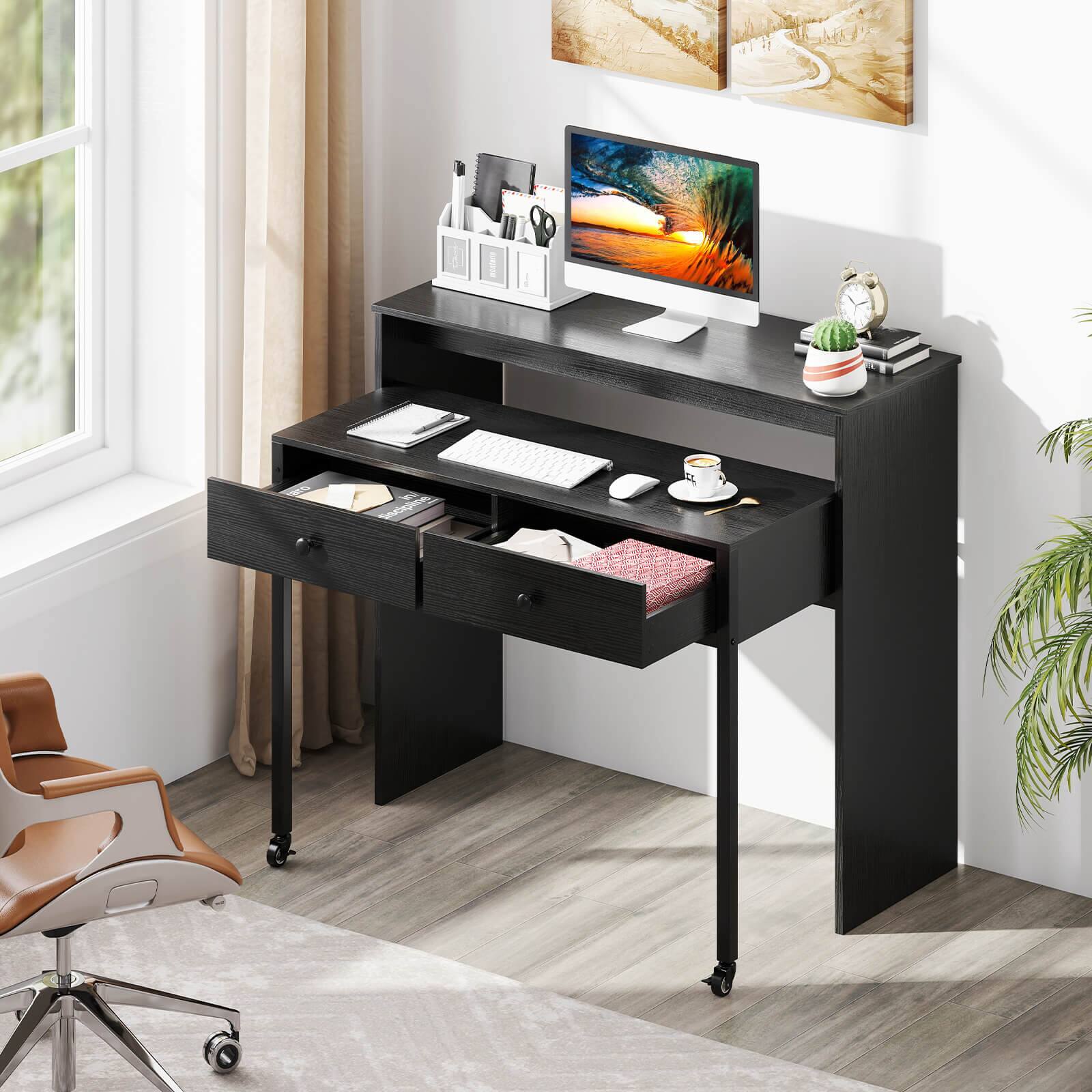 Alt View 4. Costway - Costway 39.5" Expandable Rolling Computer Desk with Monitor Shelf 2-tier Desktop 2 Drawers - Black.