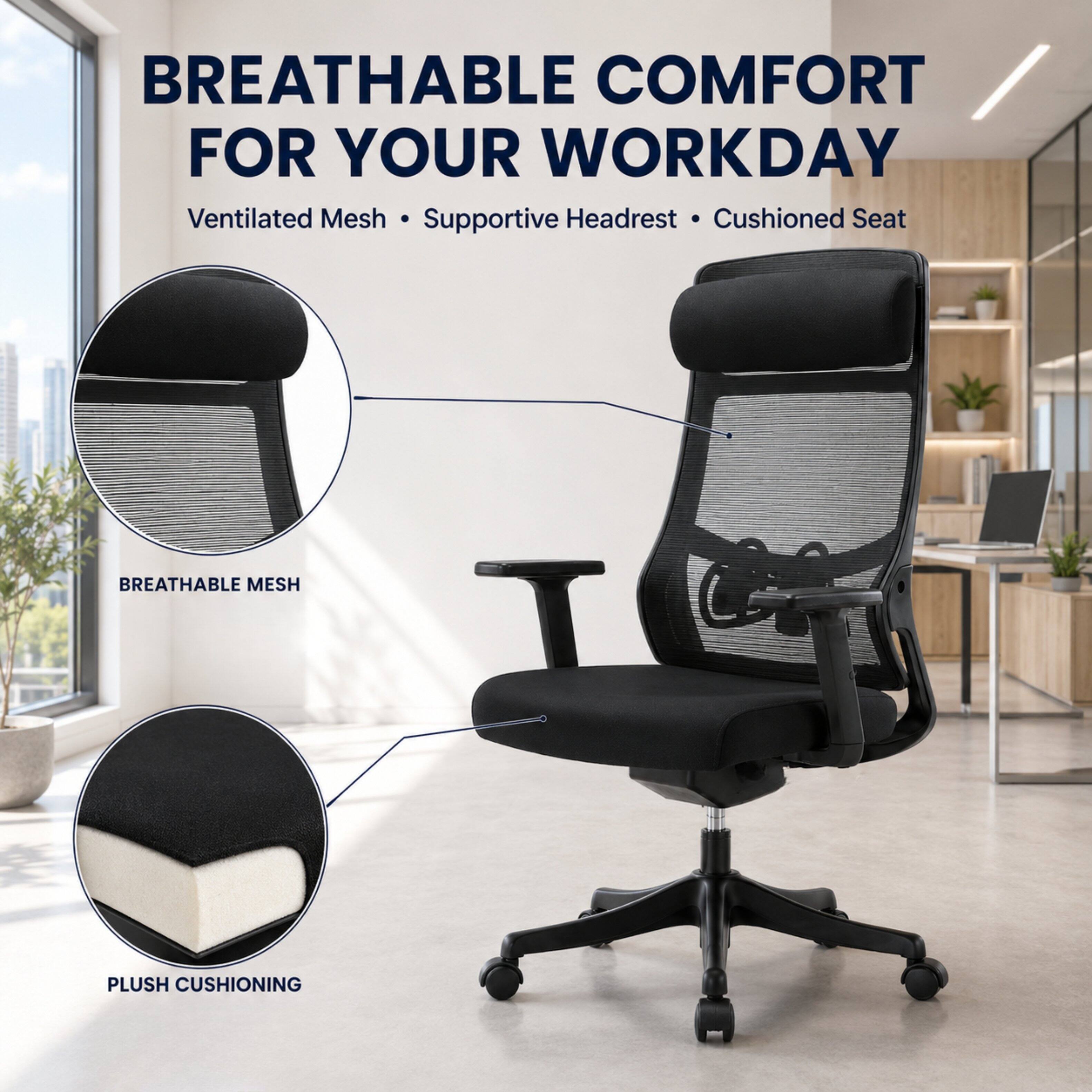 BREATHABLE COMFORT FOR YOUR WORKDAY  
Ventilated Mesh • Supportive Headrest • Cushioned Seat  

BREATHABLE MESH  
PLUSH CUSHIONING