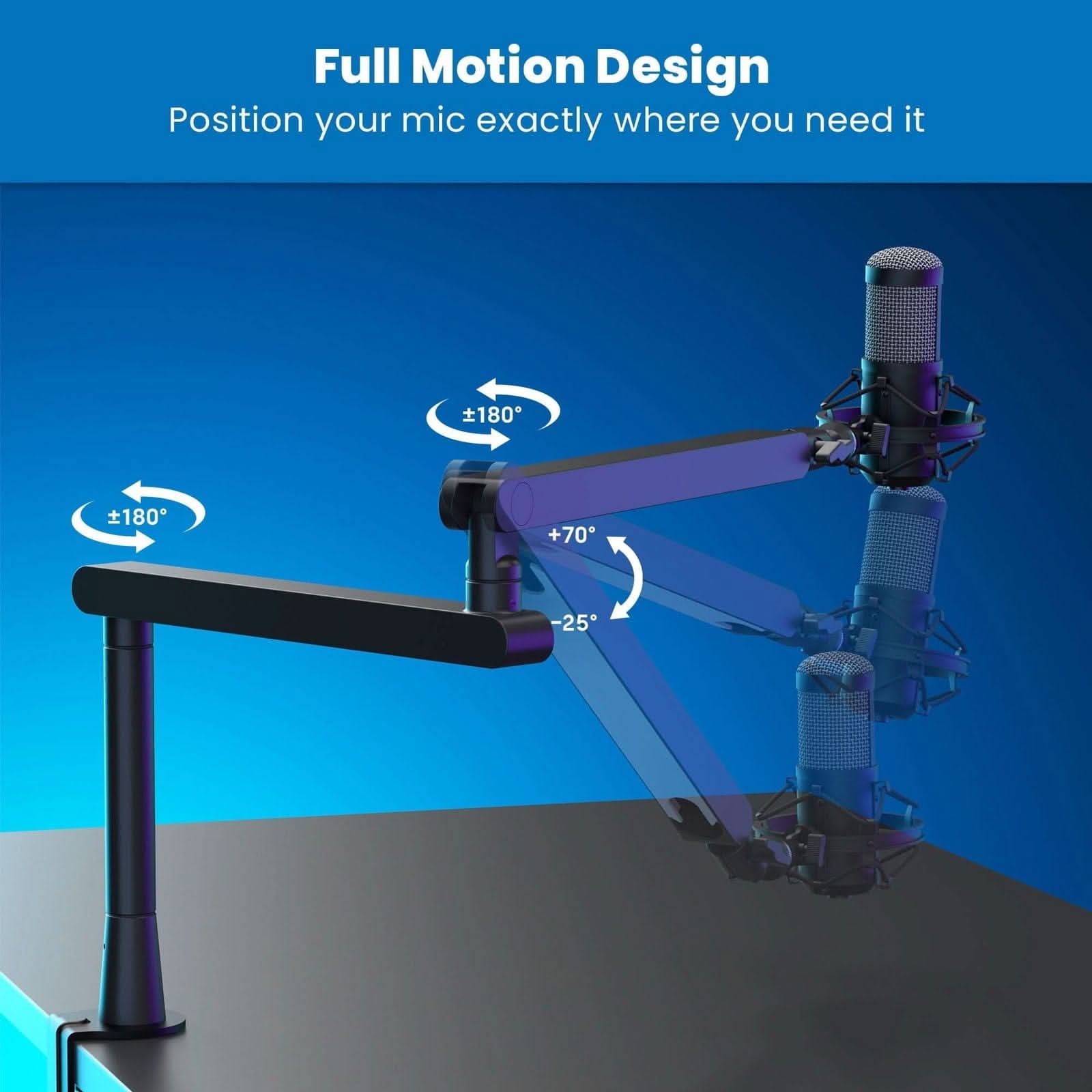 Full Motion Design  
Position your mic exactly where you need it  

±180°  
±180°  
+70°  
-25°