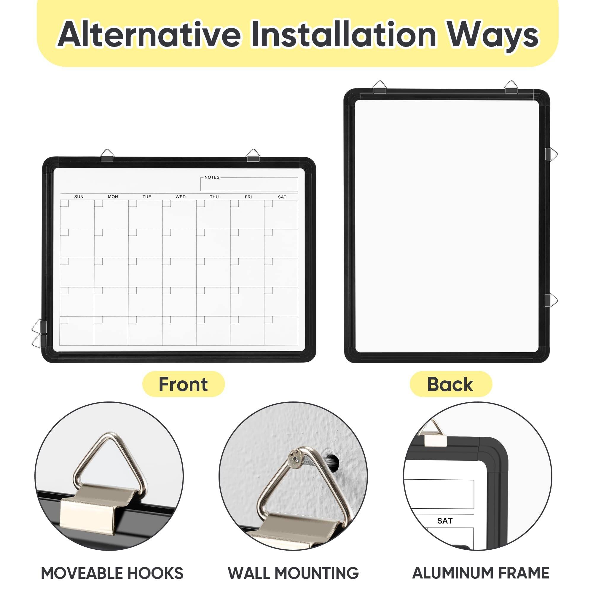 Alternative Installation Ways

NOTES
SUN MON TUE WED THU FRI SAT

Front
Back

MOVEABLE HOOKS
WALL MOUNTING
ALUMINUM FRAME