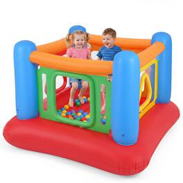 Gymax - Inflatable Bounce House for Kids Blow Up Jumping House w/Transparent Side Walls Red & Orange - Blue