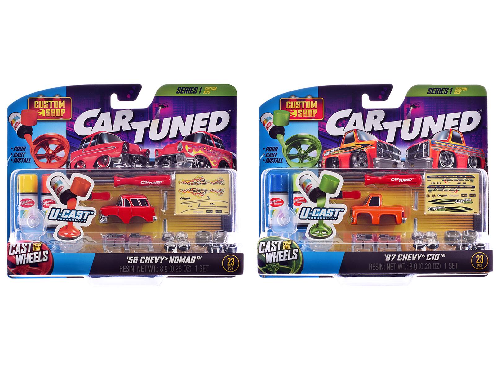 Car Tuned - 1987 Chevrolet C10 Pickup Truck Orange and 1956 Chevrolet Nomad Red Custom Shop 2 Car Set Diecast Model Cars by CarTuned - Multi