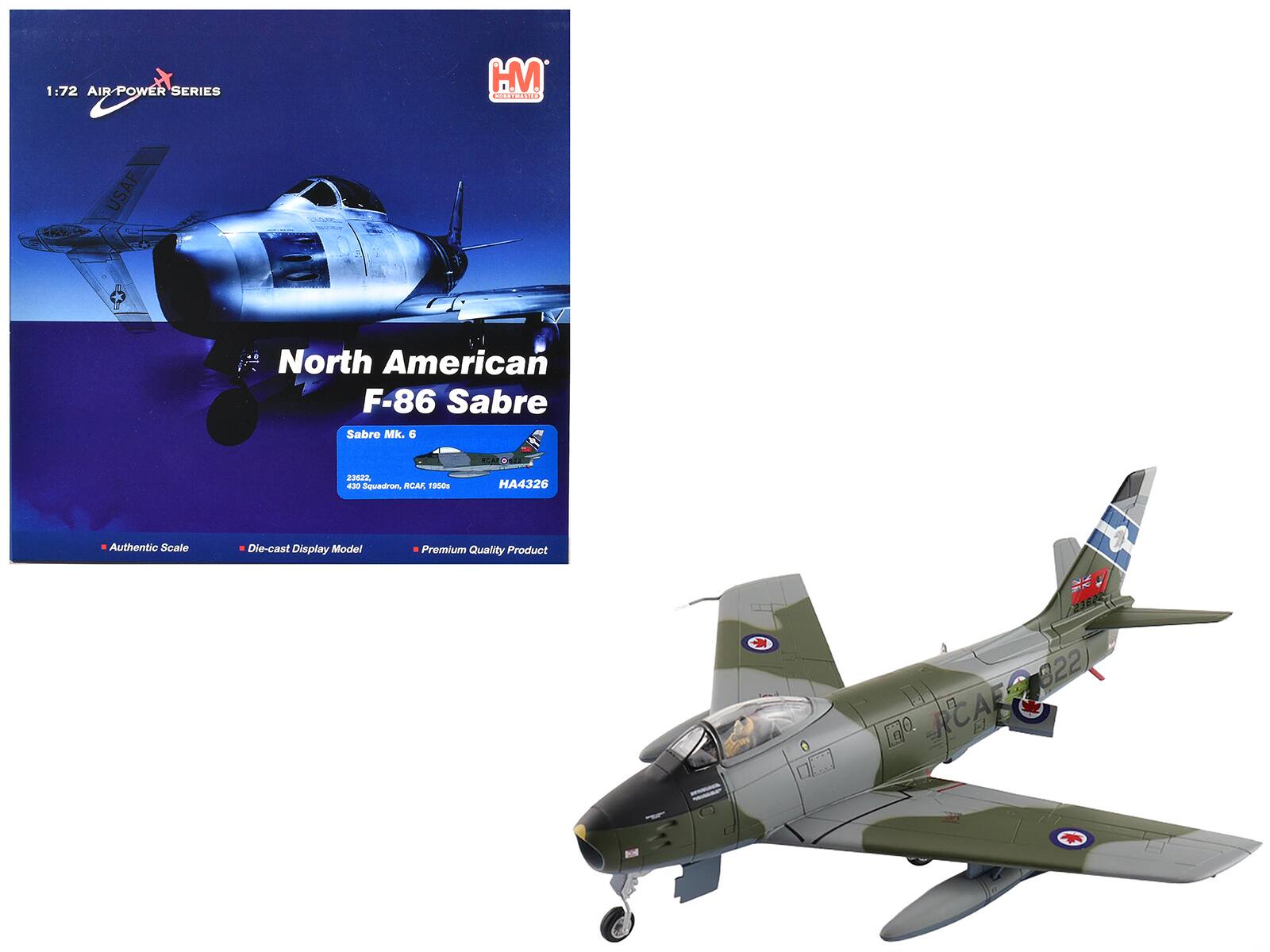 1:72 AIR POWER SERIES  
North American F-86 Sabre  
Sabre Mk. 6  
430 Squadron, RCAF, 1950  
HA4326  

Authentic Scale  
Die-cast Display Model  
Premium Quality Product  

HM  
Collectibles