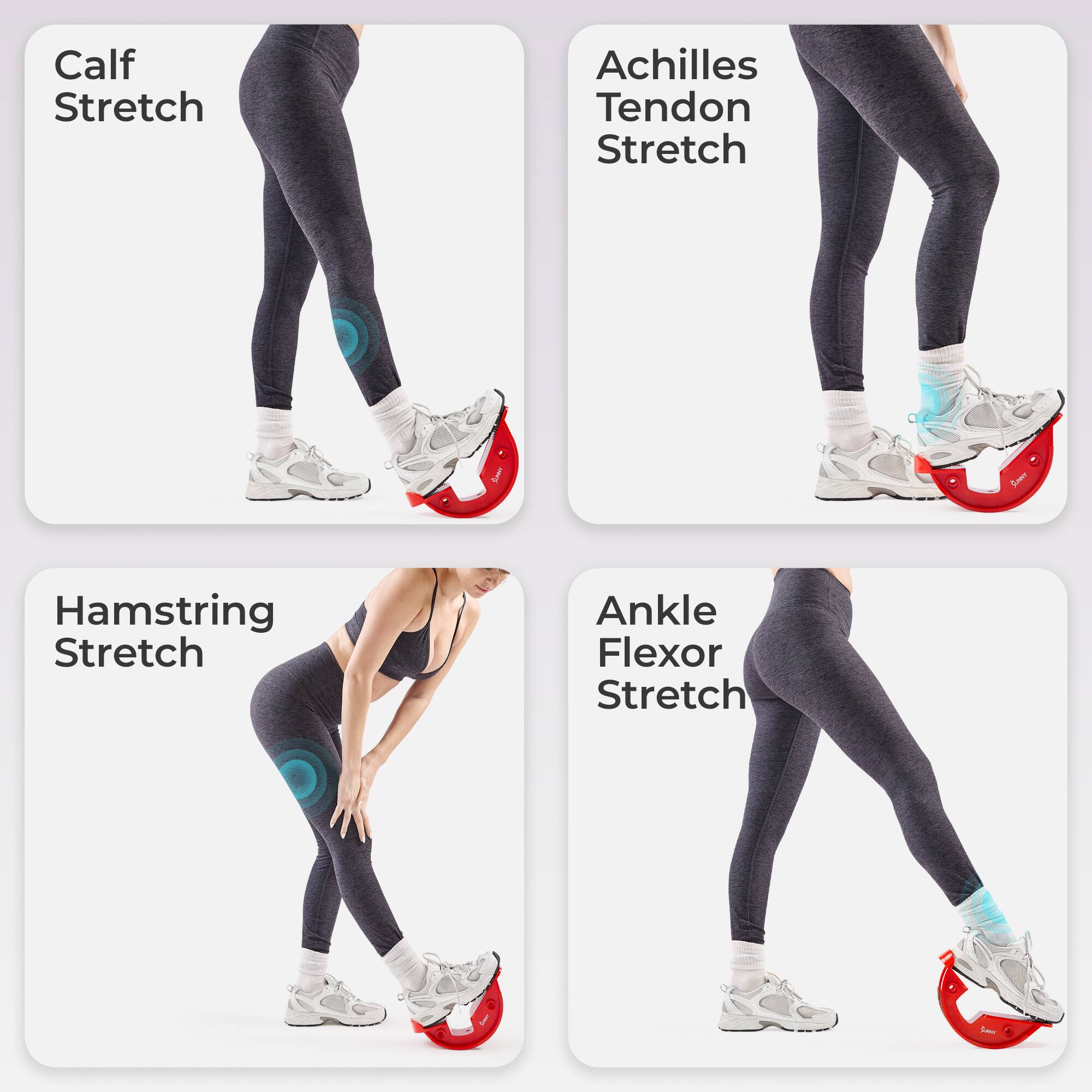 Calf Stretch  
Achilles Tendon Stretch  
Hamstring Stretch  
Ankle Flexor Stretch