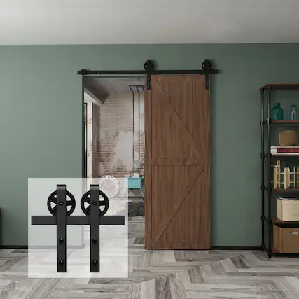 Front. Boyel Living - 5 ft./60 in. Black Sliding Barn Door Track and Hardware Kit with Bigwheel J-Shape Hanger For Single Door - Black.