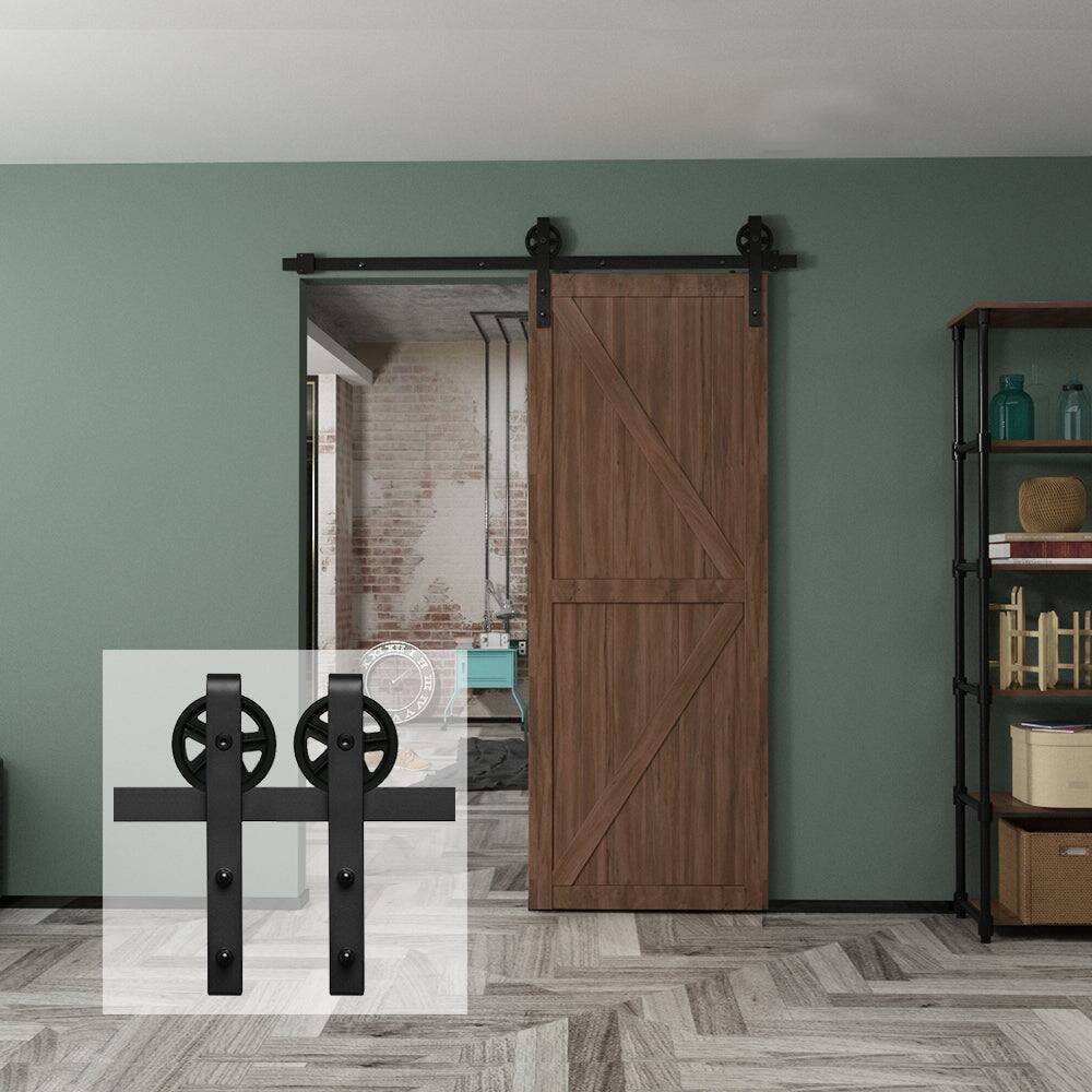 Front. Boyel Living - 5 ft./60 in. Black Sliding Barn Door Track and Hardware Kit with Bigwheel J-Shape Hanger For Single Door - Black.