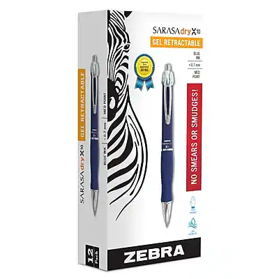 Sure, here is the corrected and grouped text from the image:
**Front of the Box:**
- SARASAdry X10
- GEL RETRACTABLE
- NO SMEARS OR SMUDGES!
- 1.0 mm
- 12 Pack
- ZEBRA
**Side of the Box:**
- SARASAdry X10
- GEL RETRACTABLE
- NO SMEARS OR SMUDGES!
- 1.0 mm
**Top of the Box:**
- SARASAdry X10
- GEL RETRACTABLE
- 1.0 mm
- 12 Pack
**Additional Text:**
- MED -0.7 XM
- BLUE M
- 12 Pack