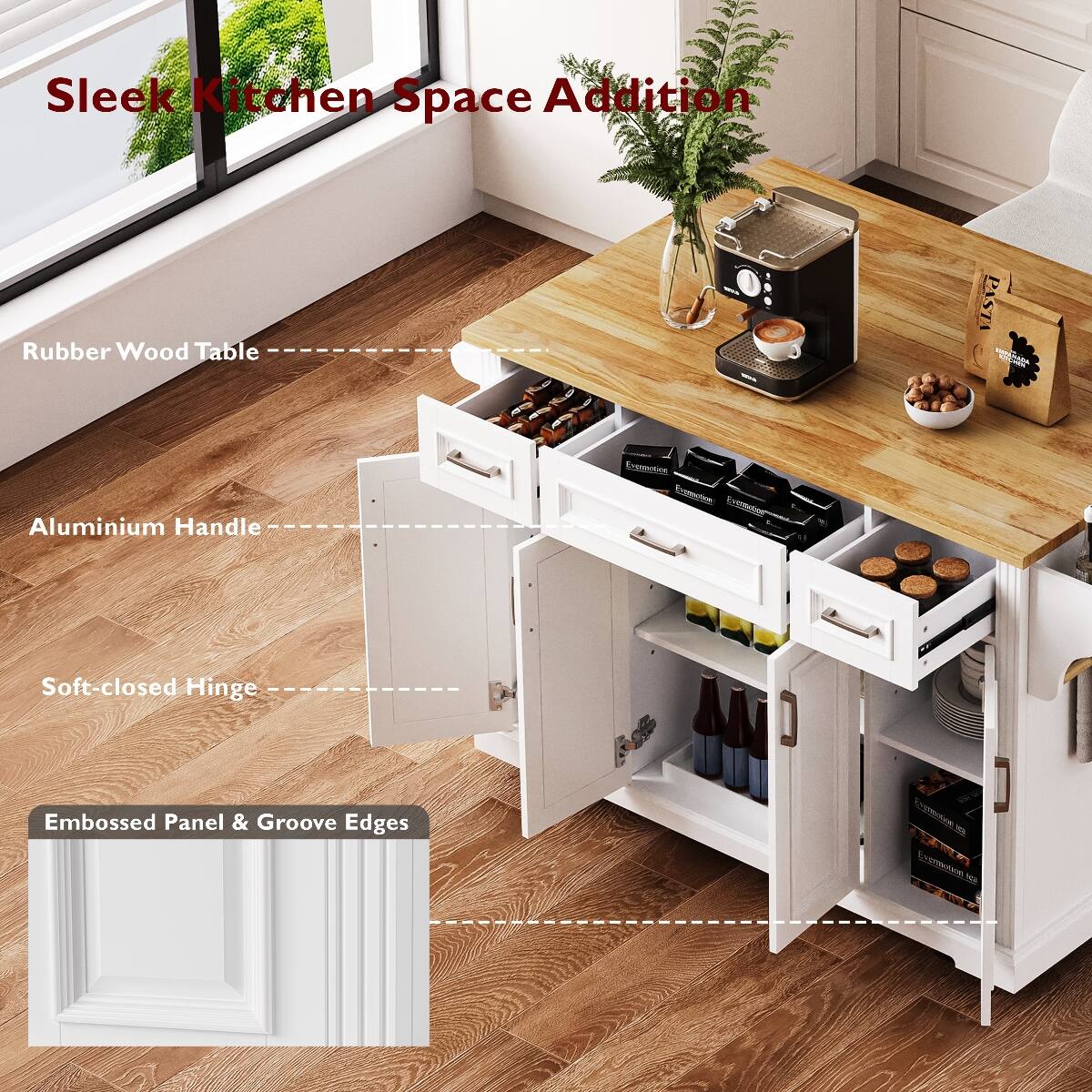 Sleek Kitchen Space Addition

- Rubber Wood Table
- Aluminium Handle
- Soft-closed Hinge
- Embossed Panel & Groove Edges
