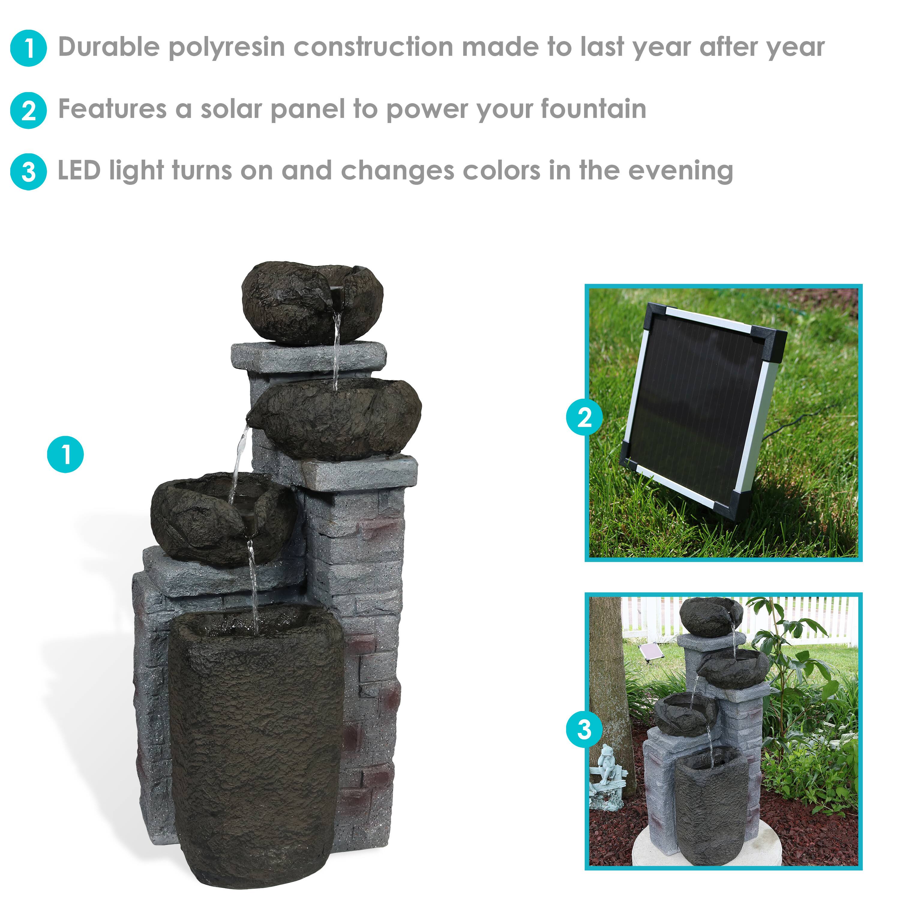 1. Durable polyresin construction made to last year after year  
2. Features a solar panel to power your fountain  
3. LED light turns on and changes colors in the evening