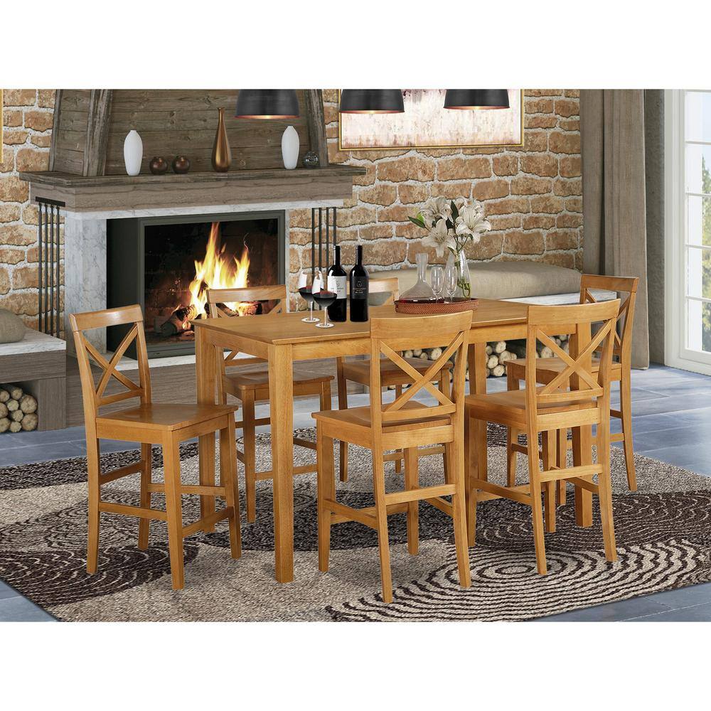 Back. East West Furniture - 7 Pc pub Table set- Table and 6 Kitchen bar stool - Oak.