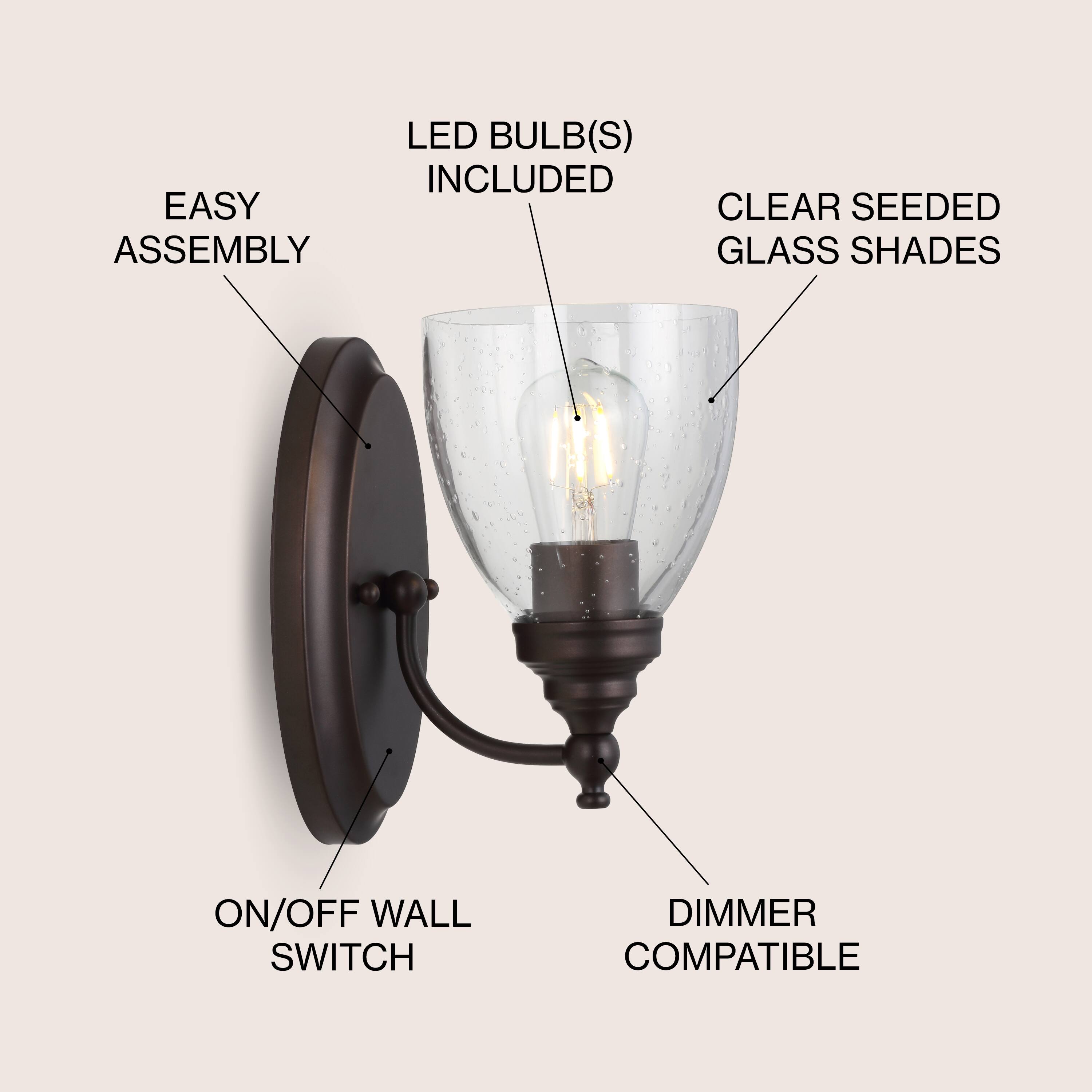 EASY ASSEMBLY LED BULB(S) INCLUDED CLEAR SEEDED GLASS SHADES ON/OFF WALL SWITCH DIMMER COMPATIBLE