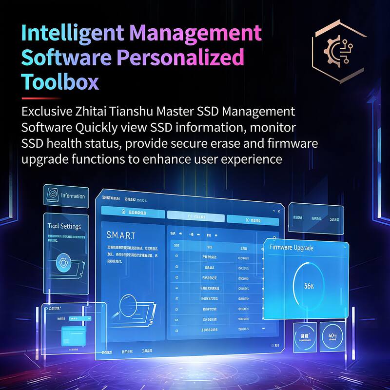 Intelligent Management Software Personalized Toolbox

Exclusive Zhitai Tianshu Master SSD Management Software

Quickly view SSD information, monitor SSD health status, provide secure erase and firmware upgrade functions to enhance user experience

Information

Trail Settings

SMART

Firmware Upgrade

56%

60°C