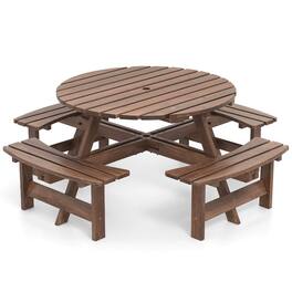 Costway - 8-Person Round Picnic Table Set with 4 Built-in Benches 2" Umbrella Hole - Brown