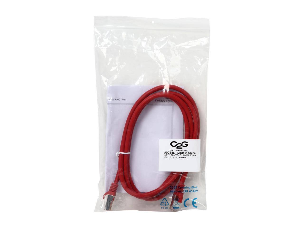 IN Client NS FP DEFAULT Project C2G DET CONNECTED #00846 Made in China T4C CAT6 SNAGLESS SHIELDED-RED 3555 Keltering Blvd. nOH 45439 04 CE PE-LD