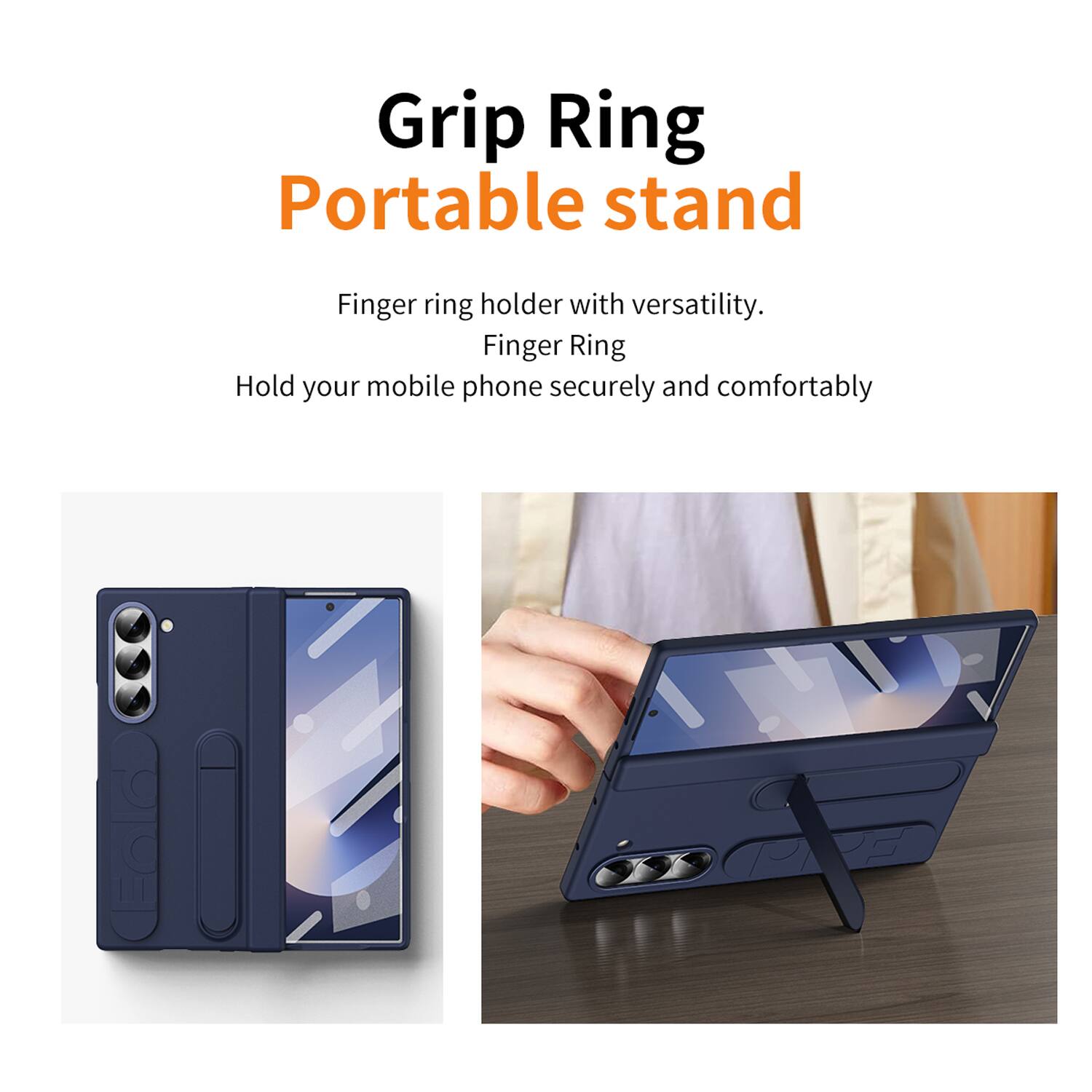 Grip Ring Portable Stand

Finger ring holder with versatility.  
Finger Ring  
Hold your mobile phone securely and comfortably