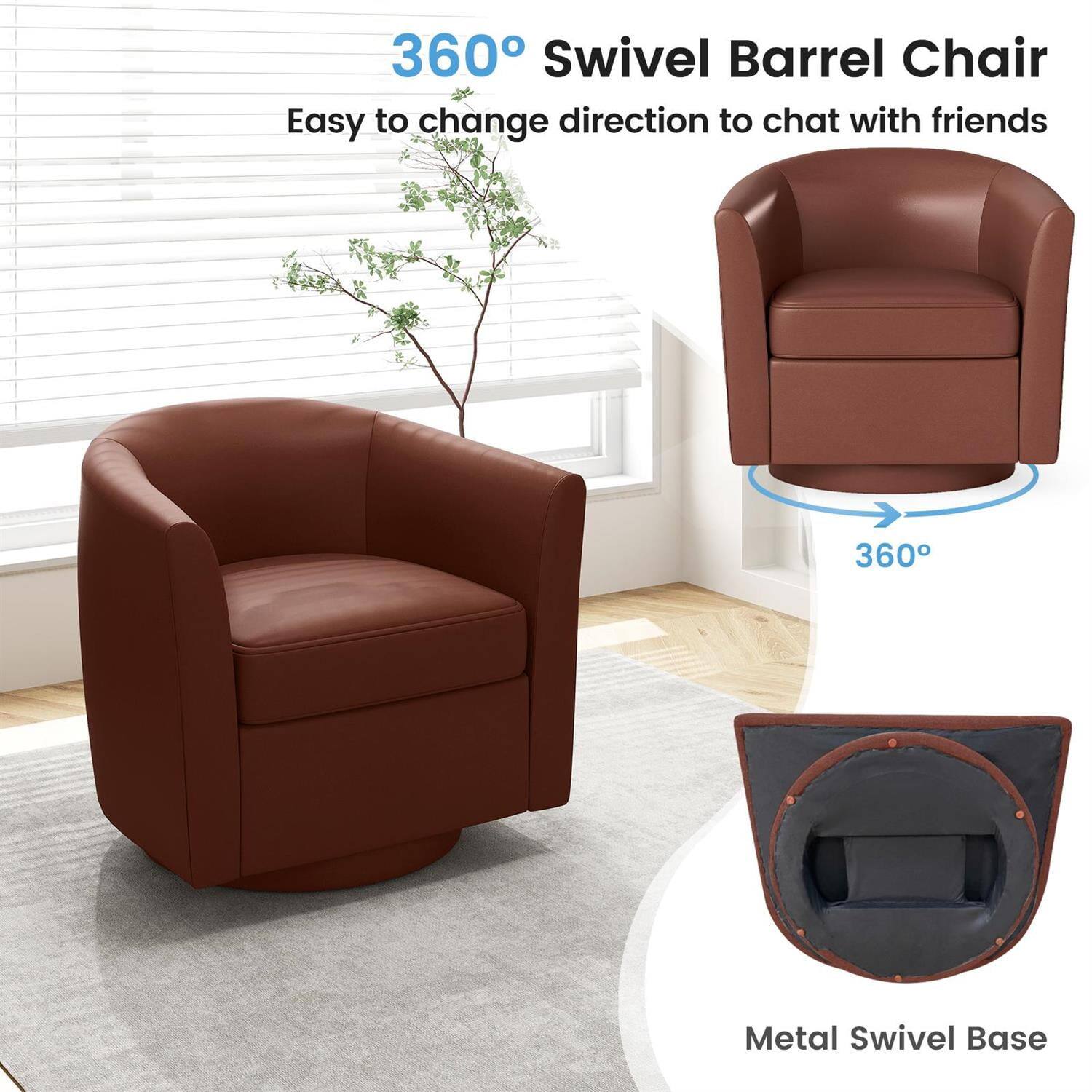 360° Swivel Barrel Chair  
Easy to change direction to chat with friends  
360° Metal Swivel Base