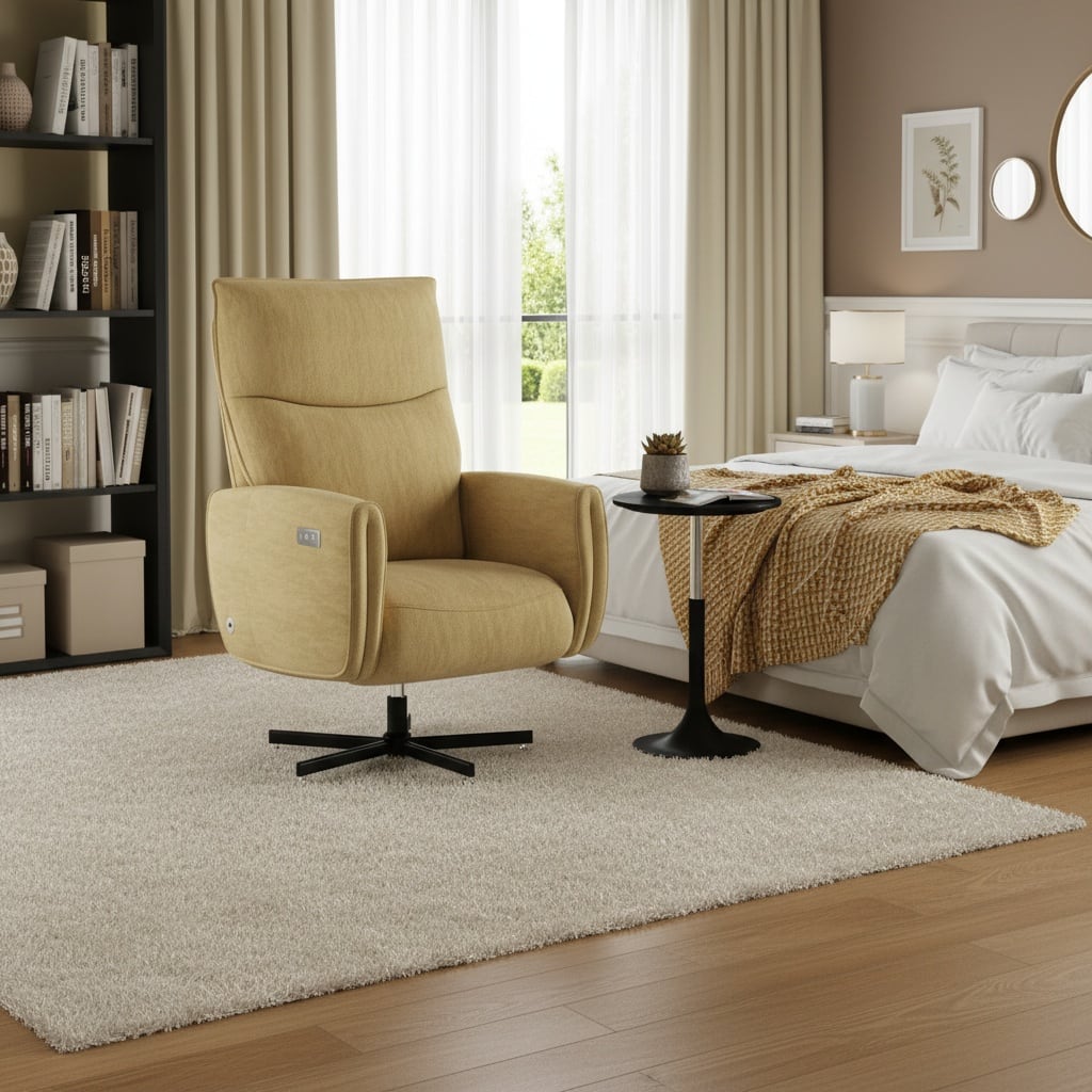 Forest'nSky - Power Swivel Recliner Chair, Electric Reclining Armchair with USB & Type-C Charging, 360° Rotating Velvet Chair - Yellow