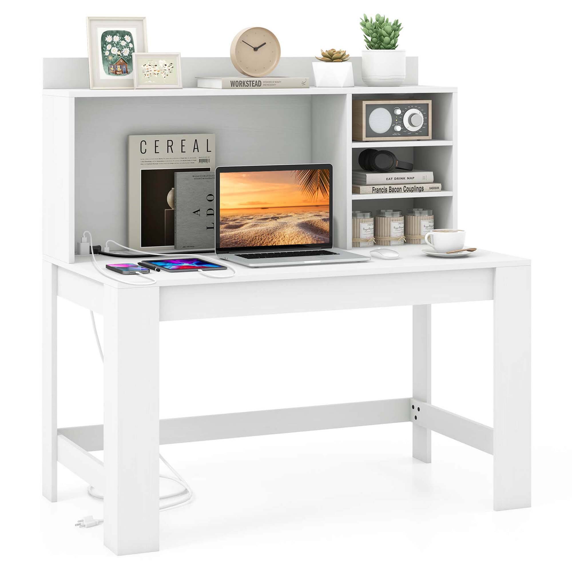 Costway - Computer Desk with Hutch 2 Power Outlets USB & Type-c charging Ports 3 Shelves - White