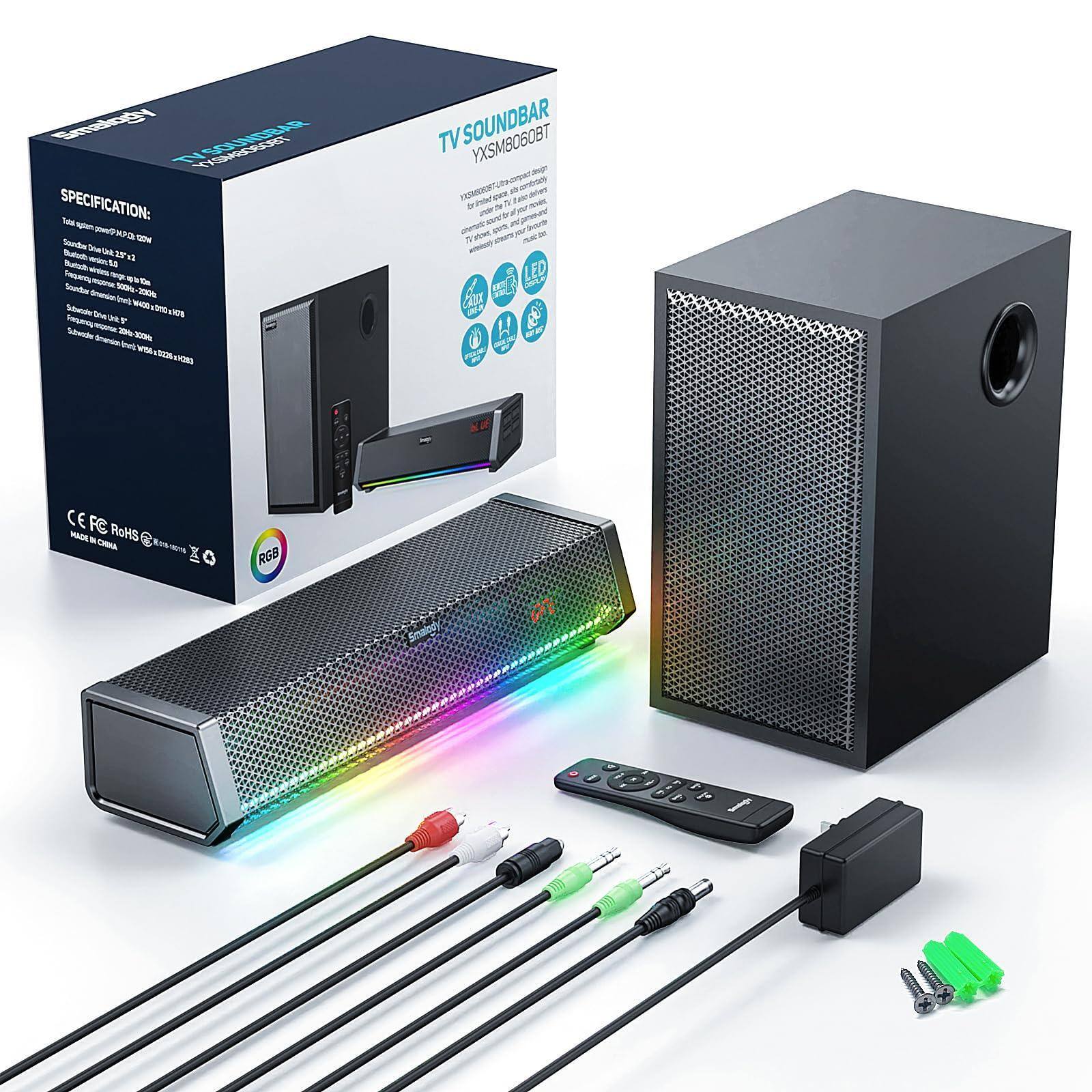 Sure, here is the corrected and grouped text from the image:

---

**SPECIFICATION:**

- Total system power: 100W (50W+50W)
- Sound Driver: 2x 3.5" 2.5" 2x 2.5" 2x 2.5"
- Frequency Response: 60Hz-20kHz
- RMS Power: 50W
- Peak Power: 100W
- LED Color: RGB
- LED Color Change: Yes
- LED Brightness: 100% (Adjustable)
- LED Color: 16 Colors
- LED Mode: 10 Modes
- LED Control: Remote Control
- Input: RCA, Optical, AUX
- Output: None
- Subwoofer: 1x 6.5" 50W
- Subwoofer Frequency: 40Hz-200Hz
- Subwoofer Power: 50W
- Subwoofer Impedance: 4Ω
- Subwoofer Sensitivity: 85dB
- Subwoofer Size: 165mm x 165mm x