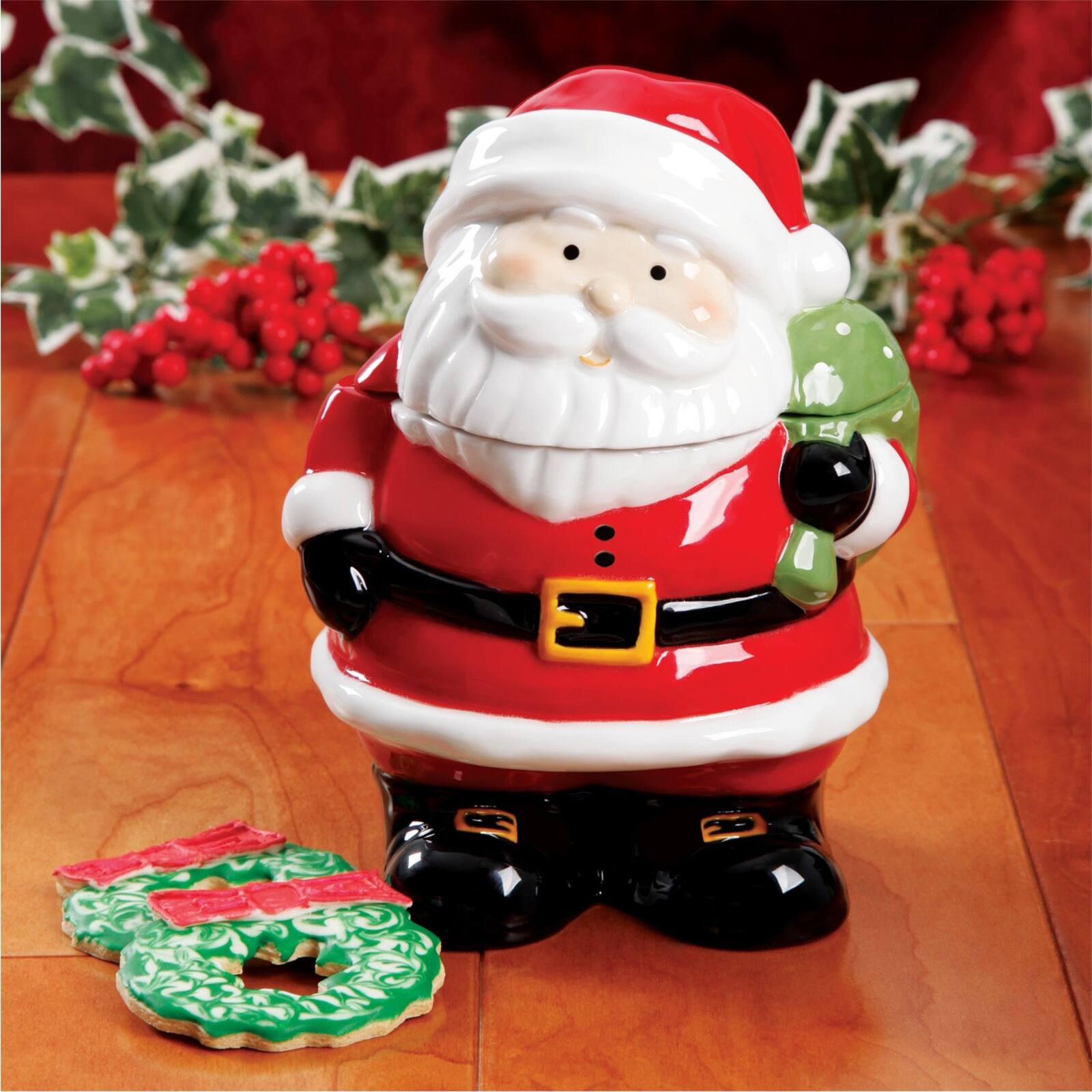 Back. Gibson - Jovial St. Nick 7.5 Inch Santa Holiday Cookie Jar - Multi.