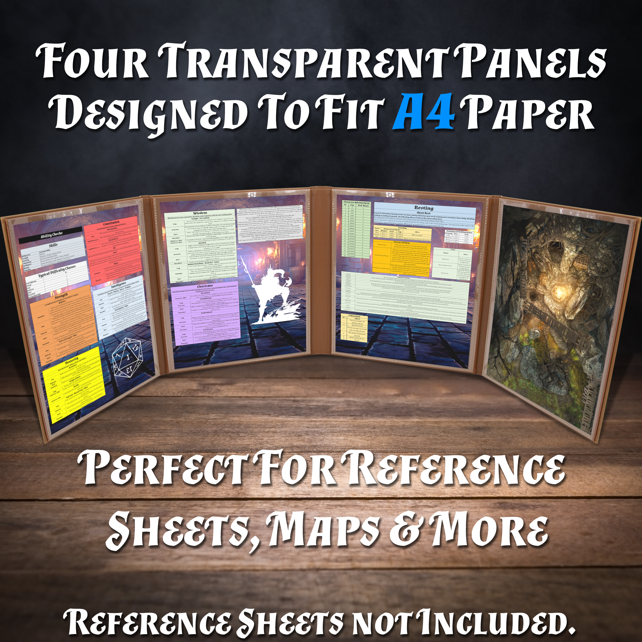 Four Transparent Panels Designed to Fit A4 Paper

Perfect for Reference Sheets, Maps & More

Reference Sheets Not Included.