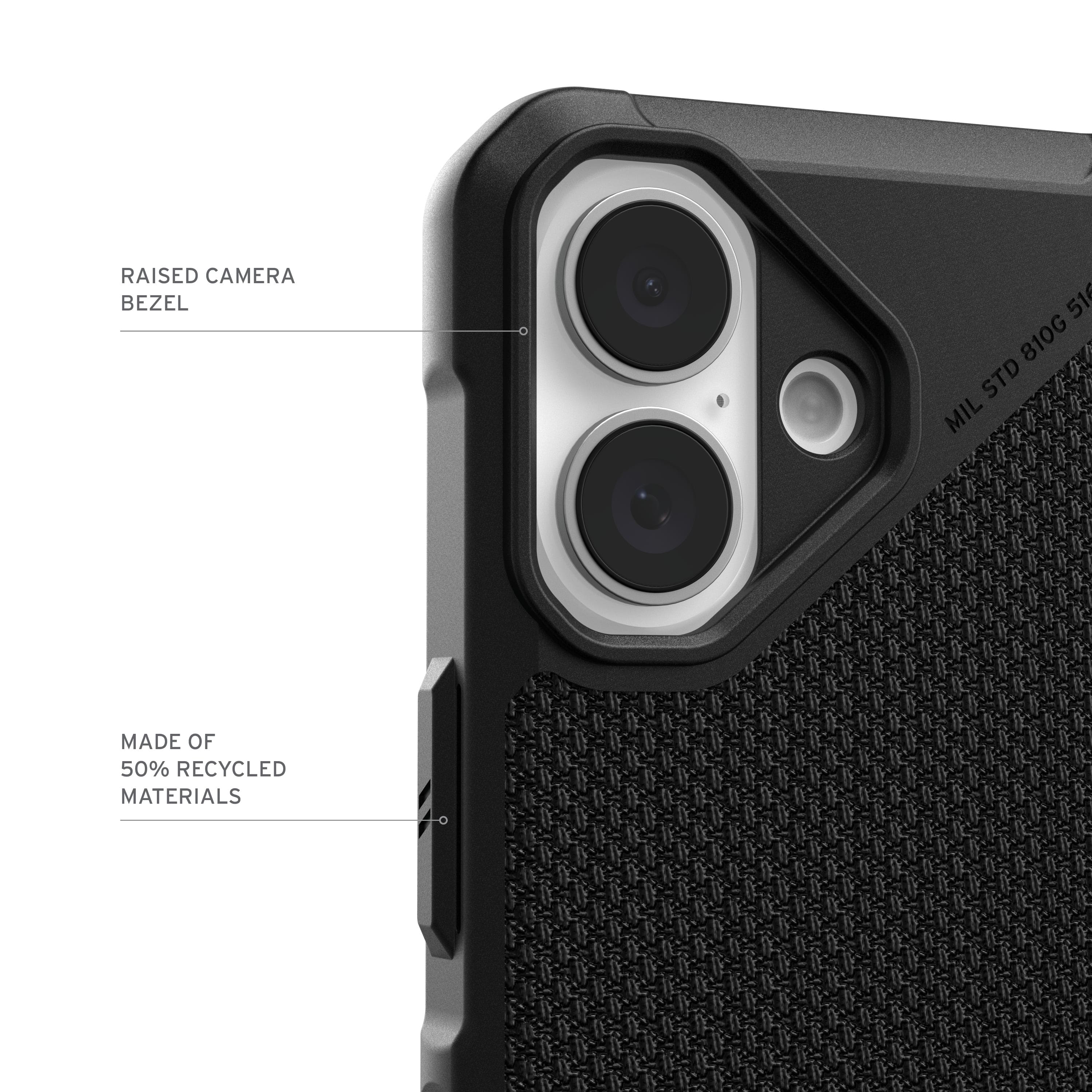 The image features a close-up of a cell phone case with a raised camera bezel. The case is made of 50% recycled materials and is designed to protect the camera lens. The case is made by a company that specializes in creating high-quality phone cases.