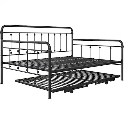 Front. Hivvago - Twin size Black Rounded Iron Daybed with Roll Out Trundle Bed Frame - Black.