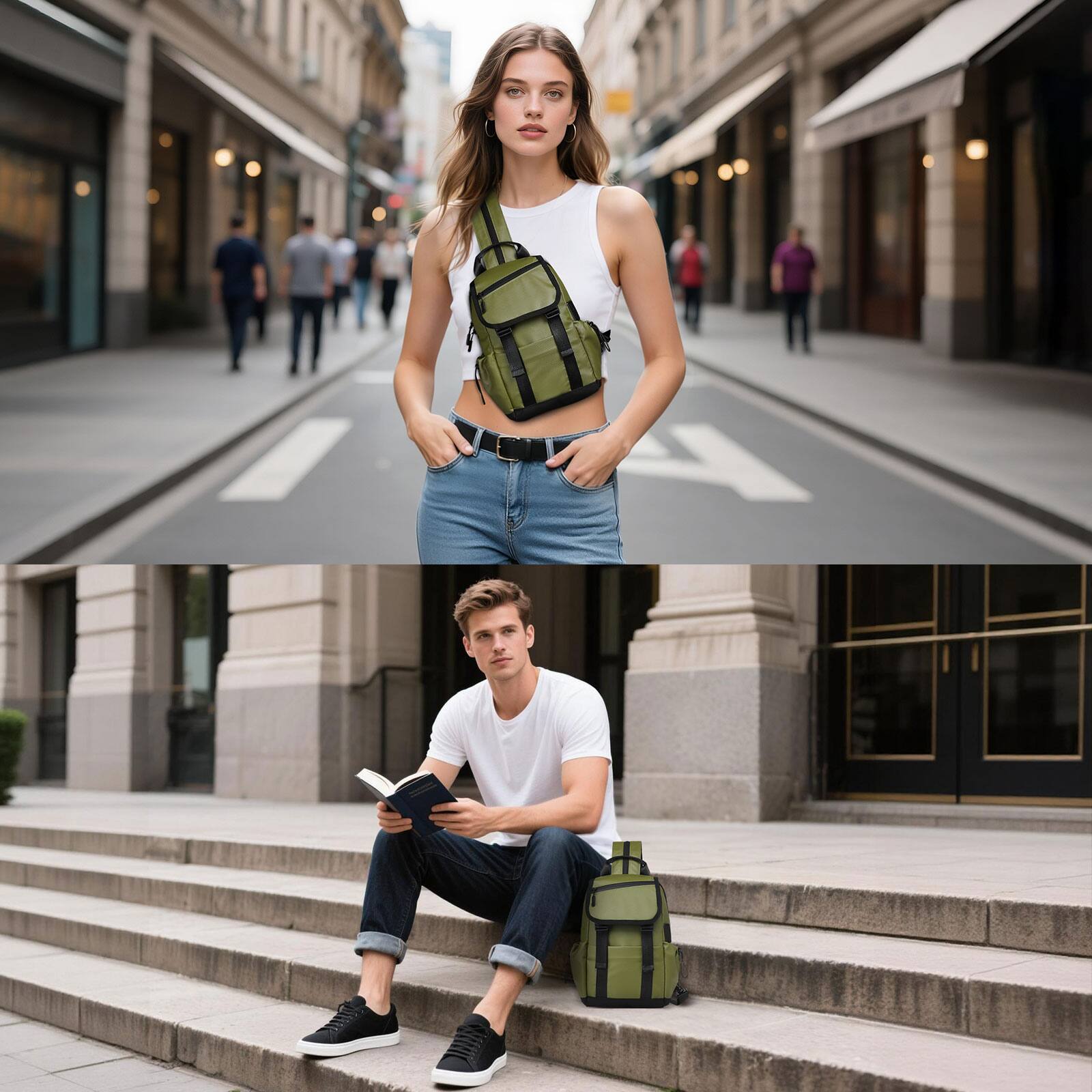 Alt View 5. Unique Bargains - Small Backpack Convertible Crossbody Bags with USB Charge Port Lightweight Casual Sling Shoulder for Outdoor Travel - Dark Green.