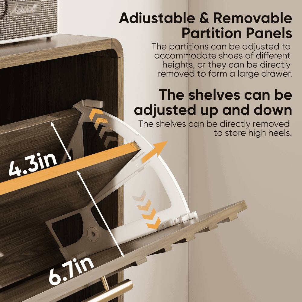 Alt View 2. Kadyn - 31.5" Walnut Shoe Cabinet, Mid-Century Modern Freestanding Shoe Cabinet, Freestanding Organizer with 2 Flip-Top Drawers - Brown.