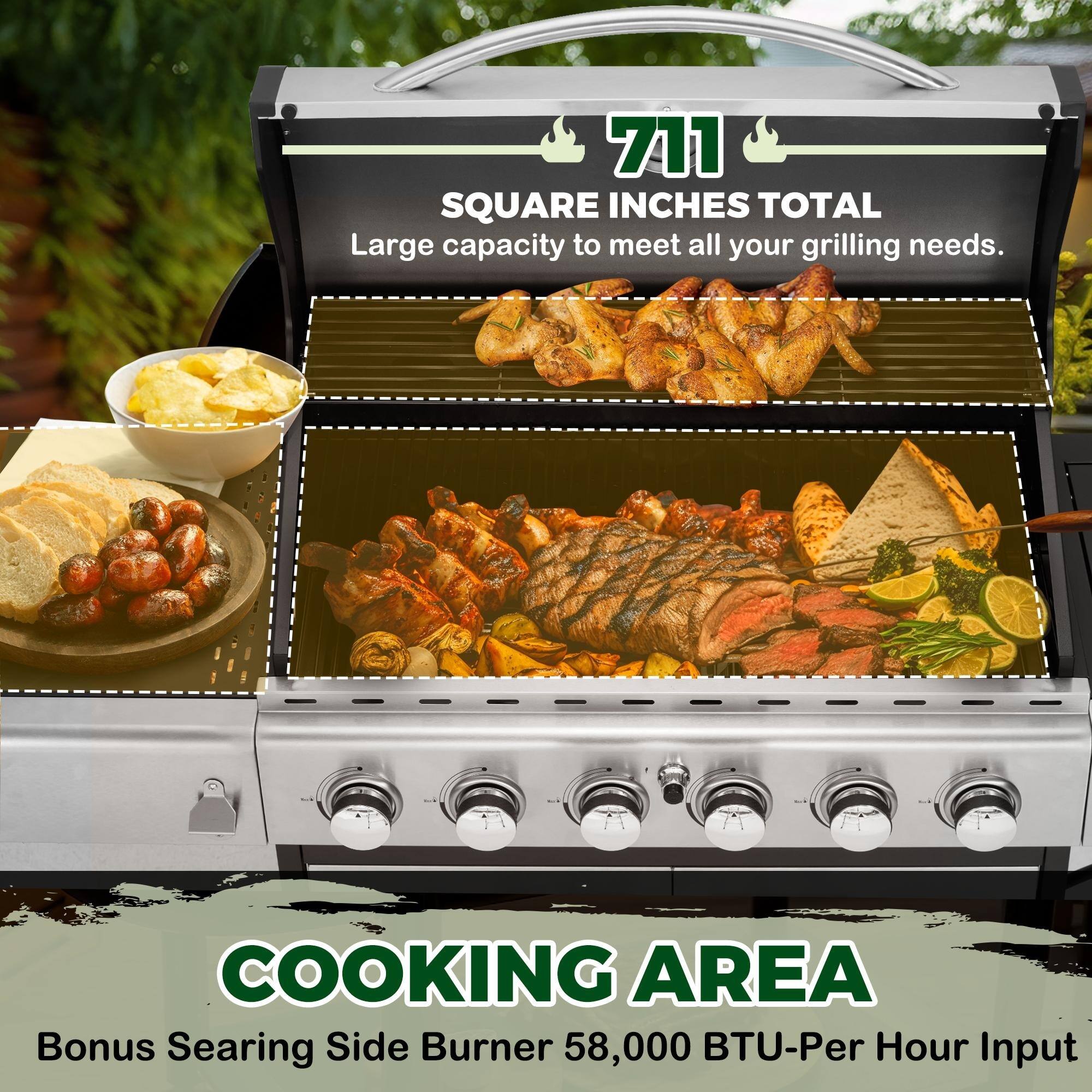711 SQUARE INCHES TOTAL  
Large capacity to meet all your grilling needs.  
COOKING AREA  
Bonus Searing Side Burner 58,000 BTU-Per Hour Input
