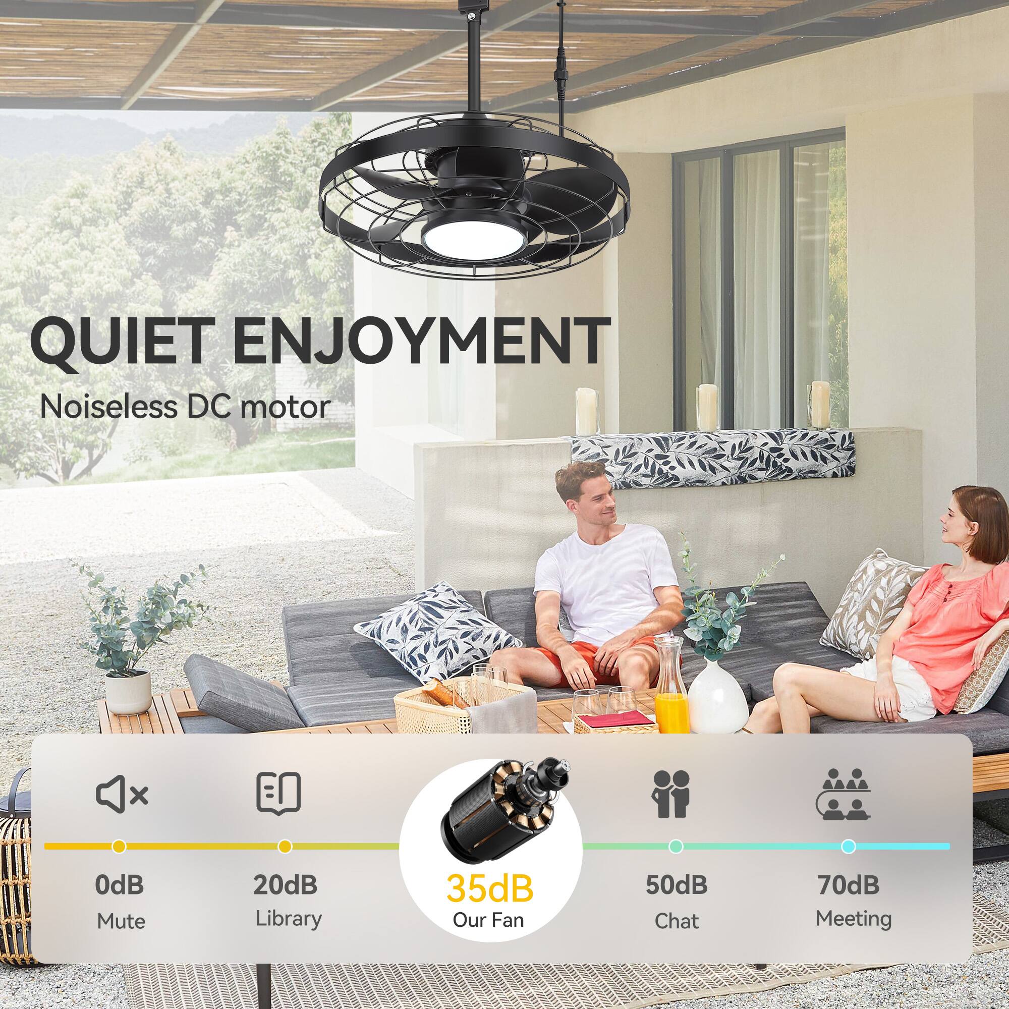 QUIET ENJOYMENT  
Noiseless DC motor  

0dB Mute  
20dB Library  
35dB Our Fan  
50dB Chat  
70dB Meeting