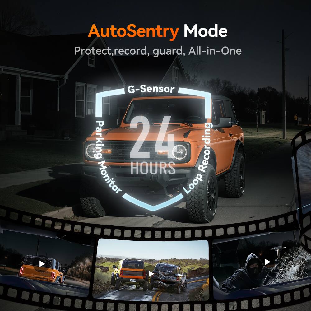 AutoSentry Mode  
Protect, record, guard, All-in-One  

G-Sensor  
24 HOURS  
Parking Monitor  
Loop Recording